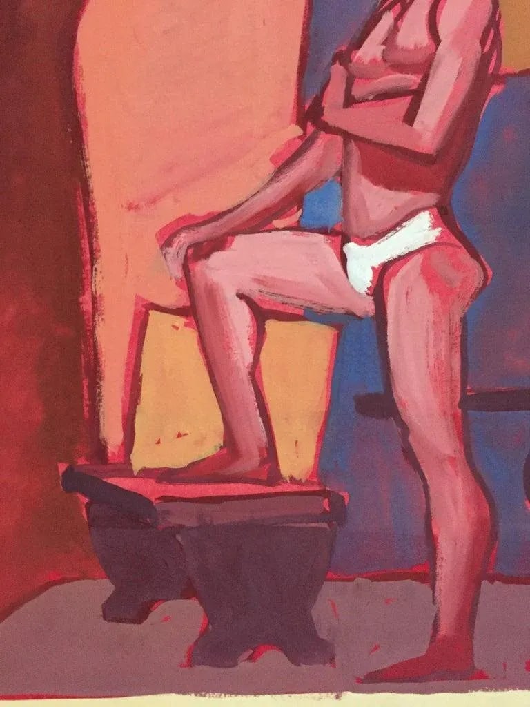 "Tighties" 1950's Gouache Male Nude Mid Century Painting Pink Red Blue Frame - 5