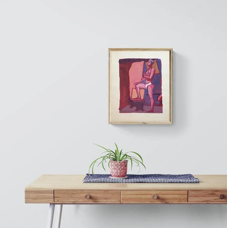 "Tighties" 1950's Gouache Male Nude Mid Century Painting Pink Red Blue Frame - 6