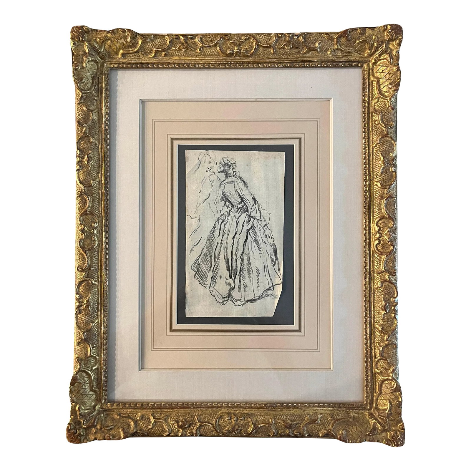 Antique Framed Rococo European Drawing of a Woman With Her Back Turned by Nicolas Lancret (1 of 5)