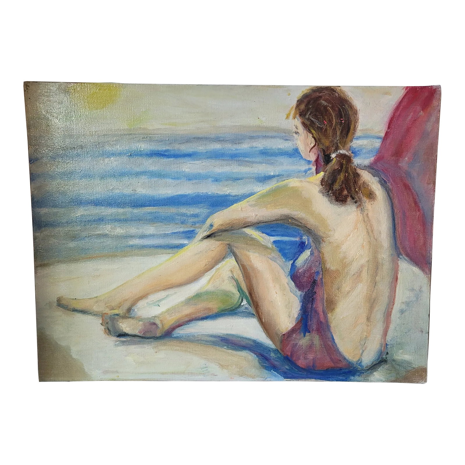 Portrait "Woman on Beach" Oil Painting by Rosemary Rabut 18x24: Portrait "Woman on Beach" Oil Painting by Rosemary Rabut 18x24 18x24 Oil on stretched canvas Signed on back Artist: Rosemary Rabut Unframed Philadelphia Artist Please see photos as they are part of