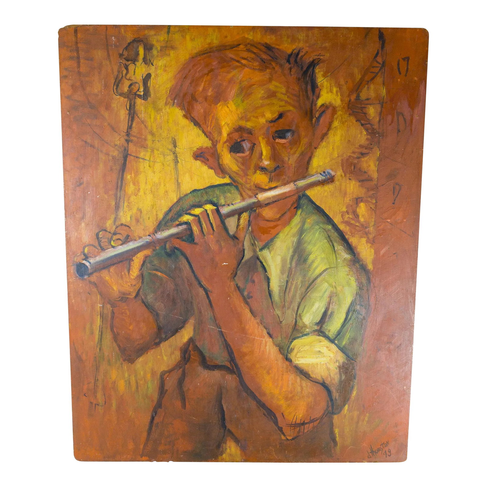 Mid-Century American Impressionist Abstract Portrait of a Boy Playing a Flute: We are selling this Mid-Century impressionist abstract portrait. This painting is of a young boy playing a flute in orange palette with some impressionist and abstract influence. The painting is