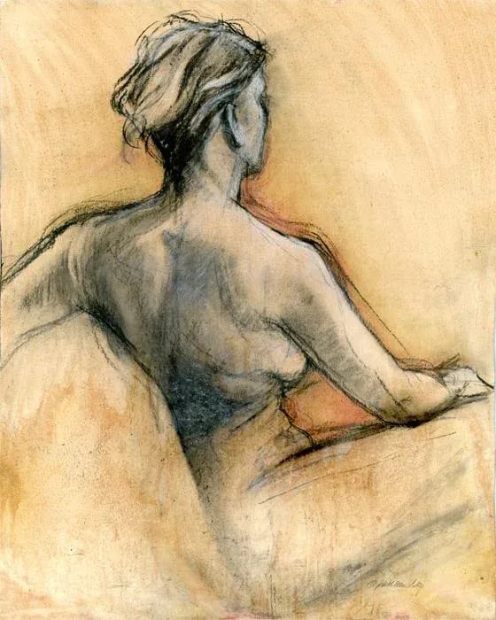 Mixed Media Figure Drawing, Female Figure Back 3, Original by Kathleen Ney: A mixed media drawing and painting of the female figure. This piece has several layers which give it drama, mystery and depth. The paper size is 16" x 20", on prepared paper. Gesso, charcoal, chalk