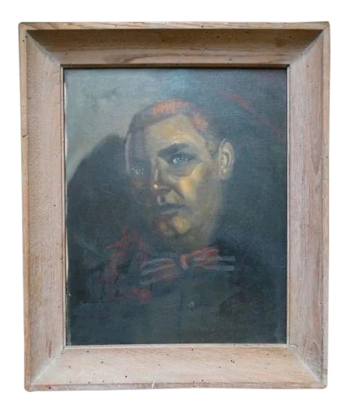 1940s Vintage Man With Bowtie Nocturnal Portrait Painting: A really unusual portrait of a man with Bow tie. Self Portrait?, Illustration for some mystery novel? We will never know more except that this piece packs an ambiance punch! 20 x 24. Not signed.