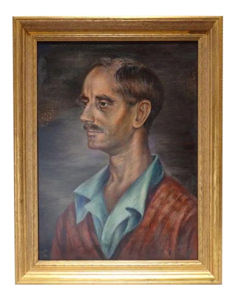 1940s Vintage Burr Singer Portrait of a Man Painting: An arresting portrait, very distinctive, immediately intriguing: he's in his pajamas and dressing-gown. An intelligent, sensitive face belonging to someone poised on the cusp of middle age, the beard