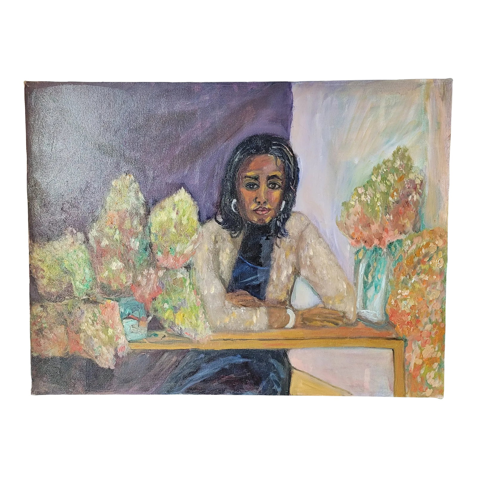 Portrait Black Woman With Flowers Oil Painting by Rosemary Rabut 18x24: Portrait Black Woman with Flowers Oil Painting by Rosemary Rabut 18x24 18x24 Oil on stretched canvas Signed on back Artist: Rosemary Rabut Unframed Philadelphia Artist Please see photos as they are