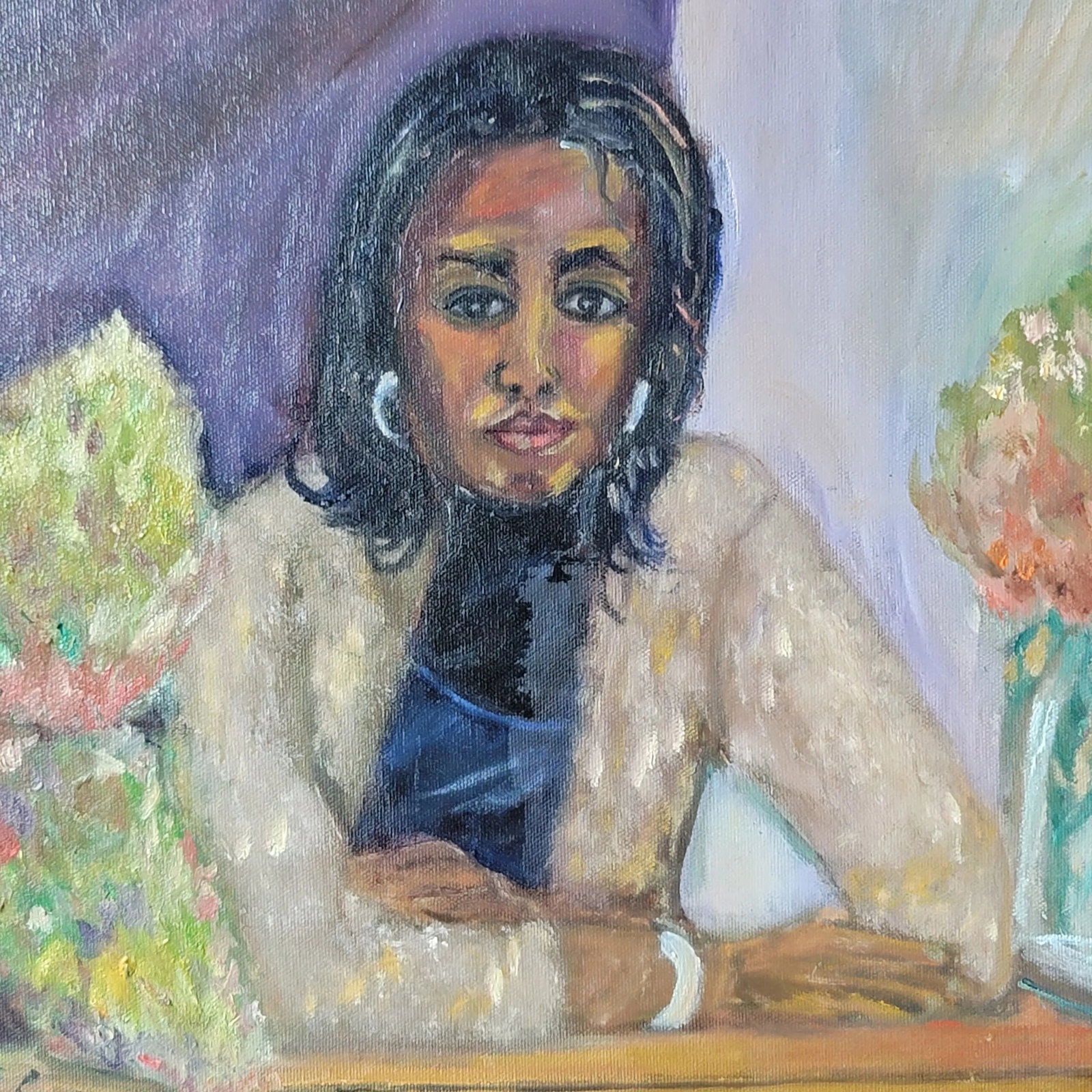 Portrait Black Woman With Flowers Oil Painting by Rosemary Rabut 18x24 - 2