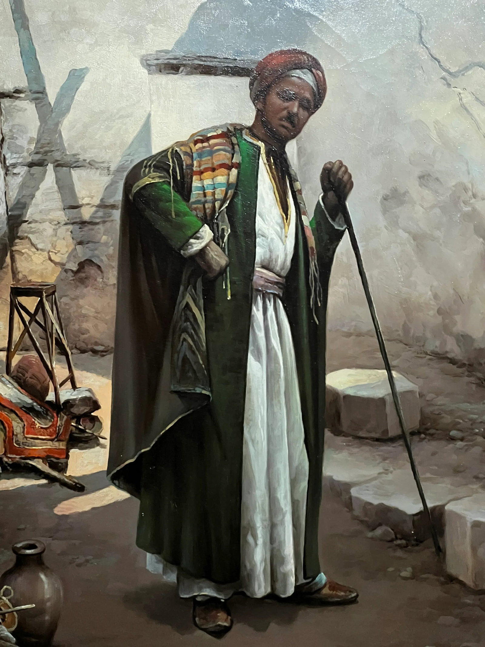 Large Vintage Late 20th Century Fine Oil Painting Portrait of Moroccan Gentleman in Traditional Robe - 2