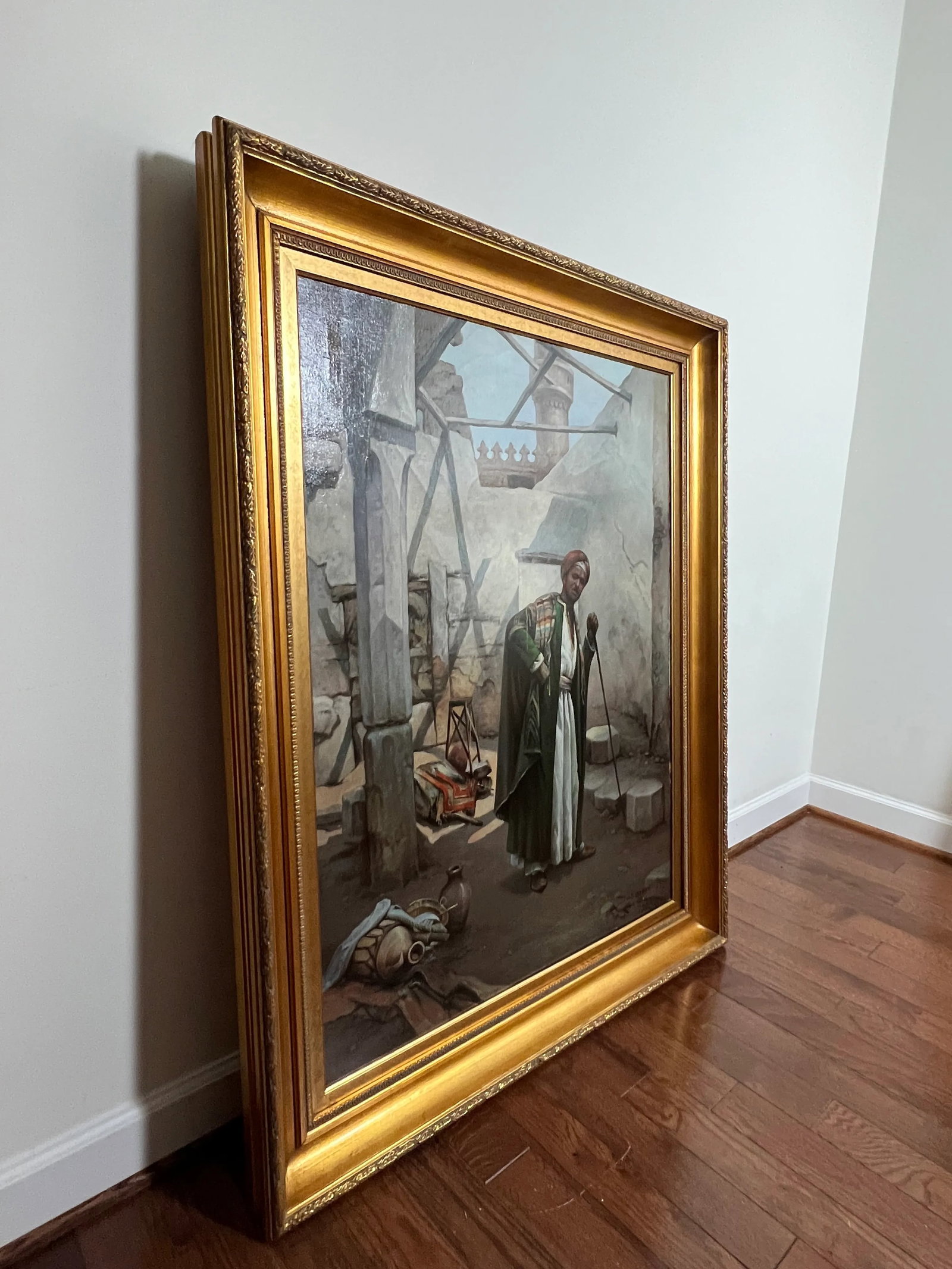 Large Vintage Late 20th Century Fine Oil Painting Portrait of Moroccan Gentleman in Traditional Robe - 6