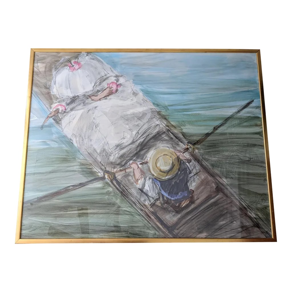 1990s "Sunday Afternoon" Pastel Gouache by Jerry Sic: Lovely and soothing pastel toned drawing by listed artist Jerry Sic. Large framed piece measuring 61.5" x 49.75" entitled "Sunday Afternoon" signed and dated by artist. On board and behind UV