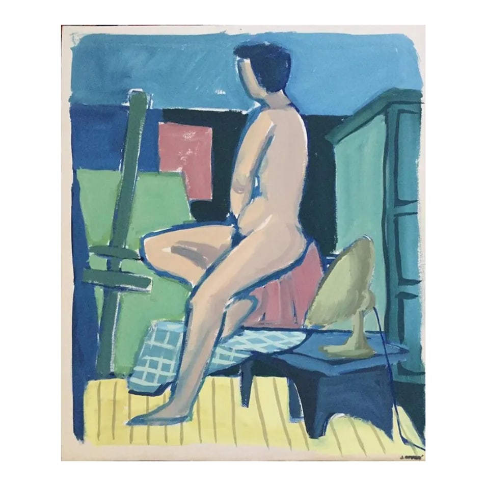 1950s "Short Hair" Mid Century Nude Gouache Painting Blue, Pink, Green: From the estate of Jerry Opper & Ruth Friedman Opper Short Hair c. 1940-1950's Gouache on Paper 15" x 18", Unframed From the estate of Ruth Friedmann Opper & Jerry Opper. Ruth was the daughter of
