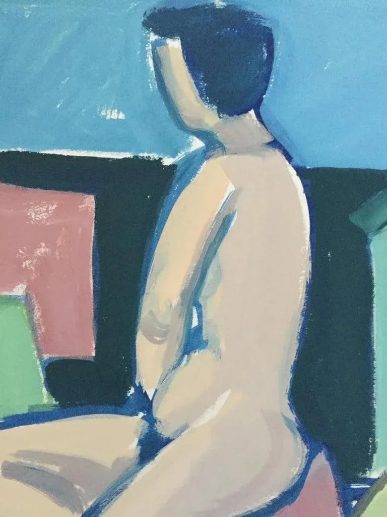 1950s "Short Hair" Mid Century Nude Gouache Painting Blue, Pink, Green - 2
