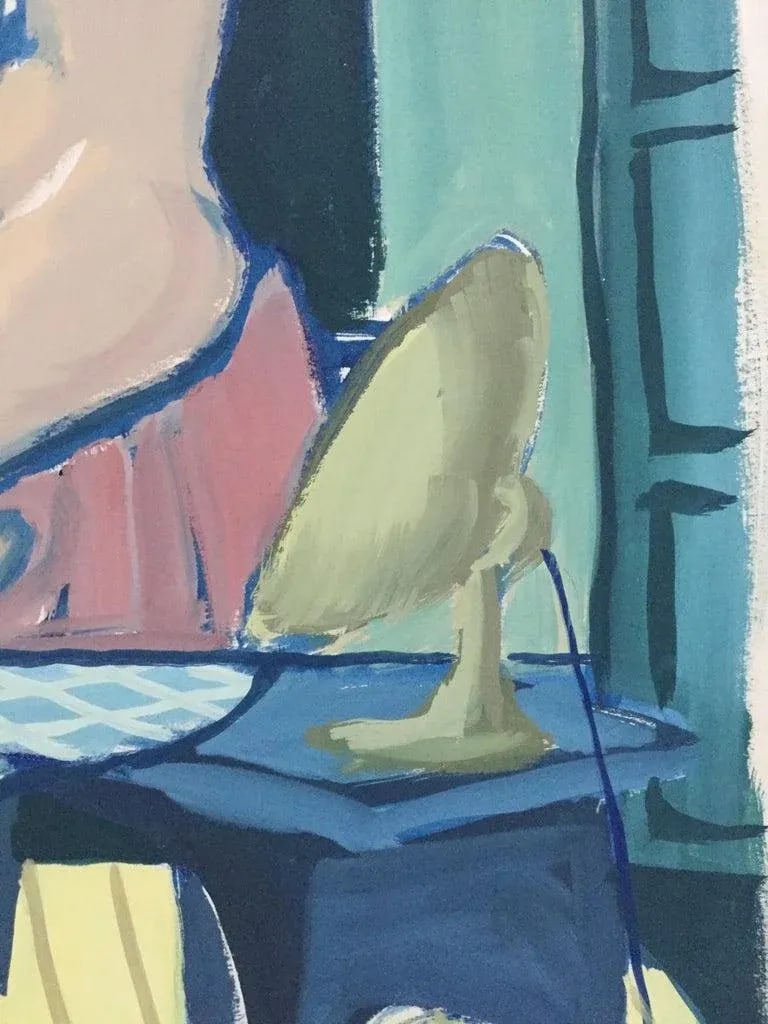 1950s "Short Hair" Mid Century Nude Gouache Painting Blue, Pink, Green - 3