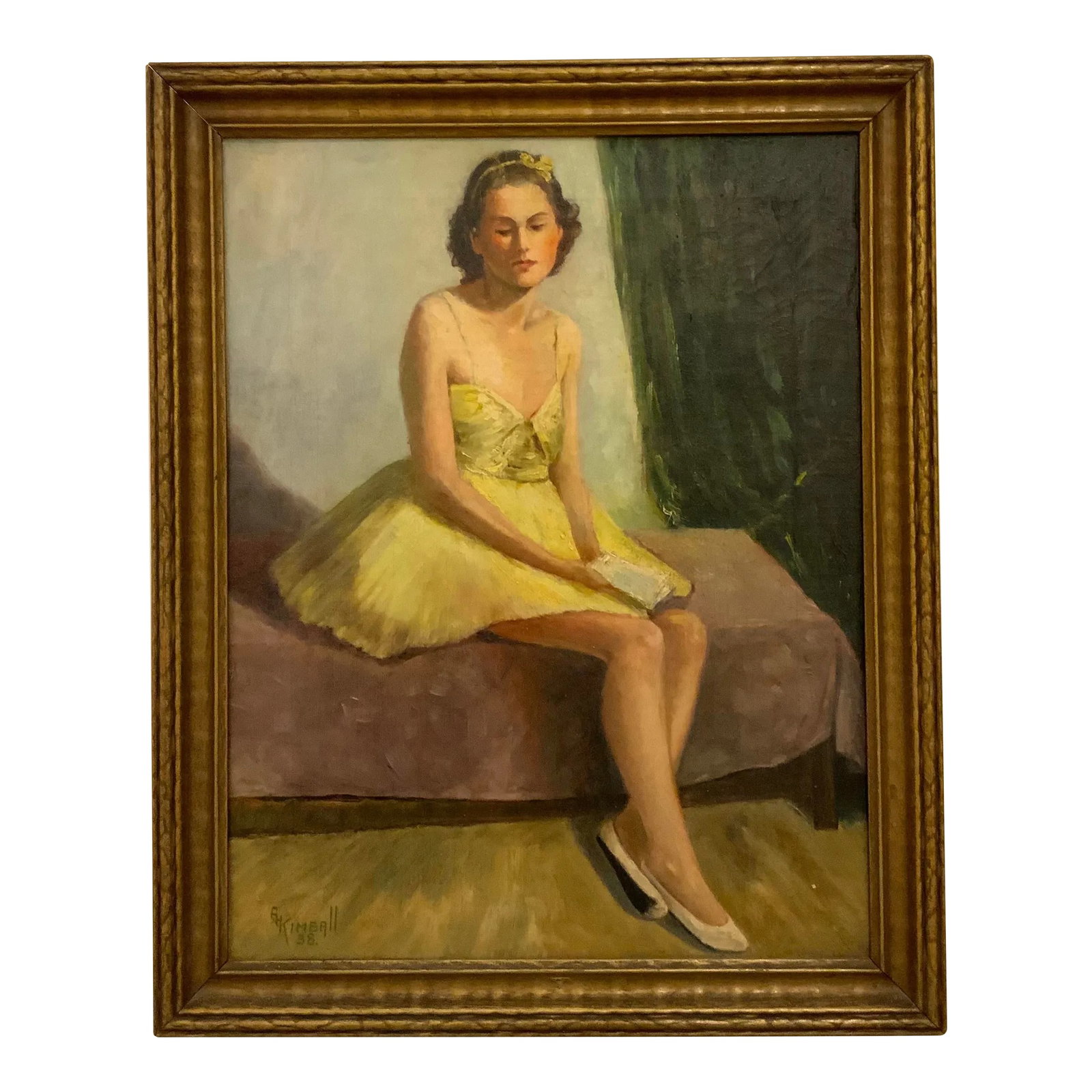 Vintage Art Deco Portrait of a Ballerina Painting by a Kimball: Androgynous Art Deco Portrait of a Ballerina Painting by a Kimball, original gold finished wood custom frame, circa 1938 Condition: Alterations: Original Condition Unaltered Imperfections: Some