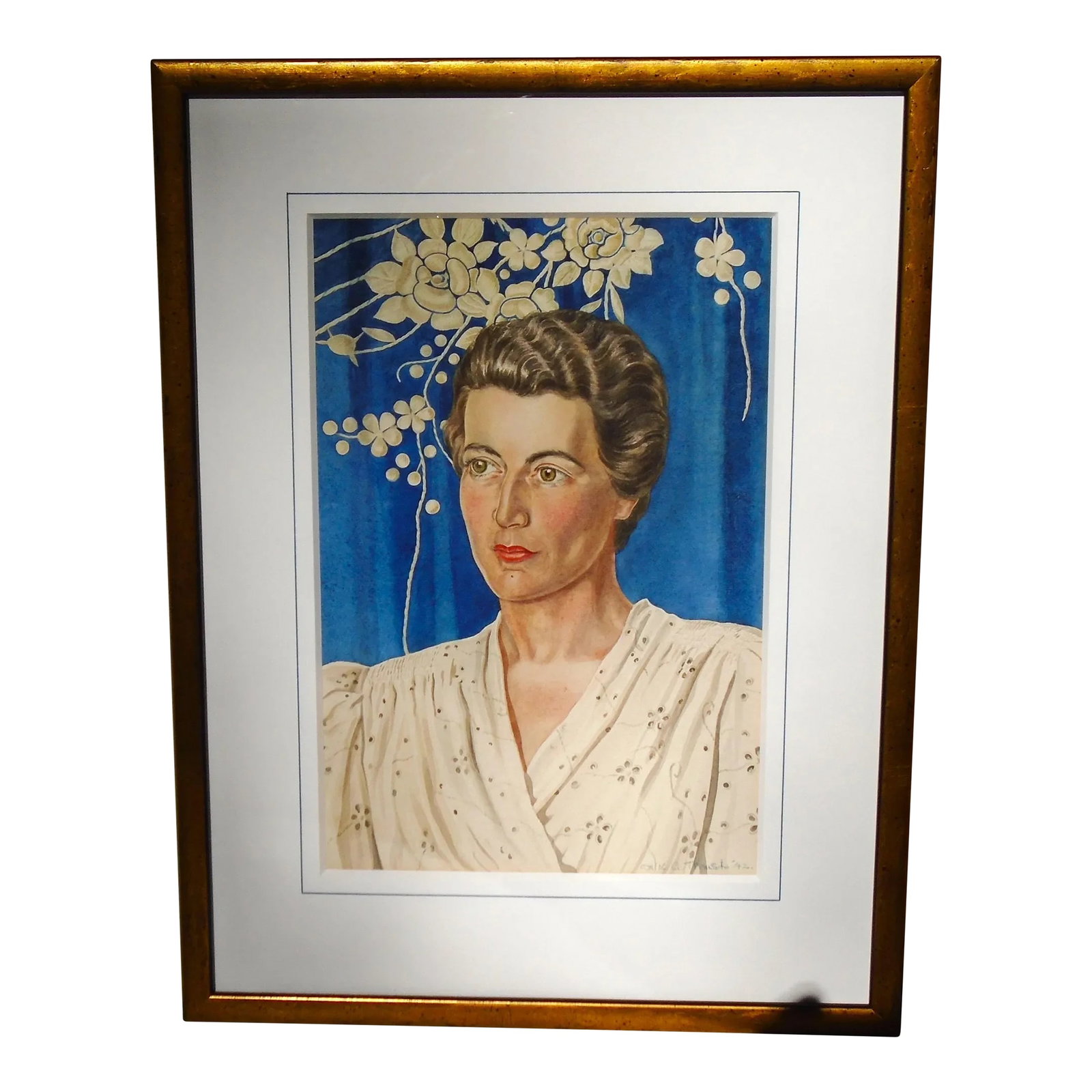 Art Deco Style - "Lady's Portrait, '42", Original Watercolor Painting: An original watercolor painting on paper by Millicent K.A. Thrush, British artist middle of the 20th century, "Art deco style Lady's Portrait '42" (1942), beautiful strong portrait of a brown haired l