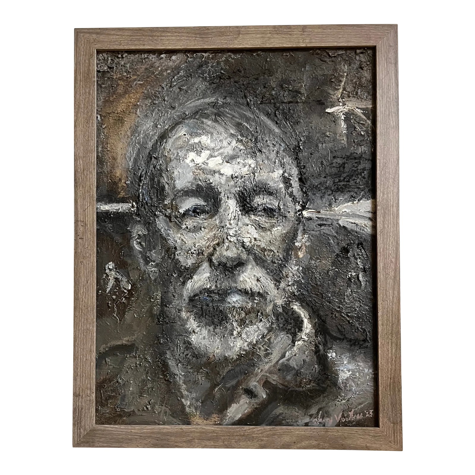 Black & White Man, Portrait Paintings: Man, Black and White Portrait Gray wood Frame.21.5"x27"x2". Oil Painting on canvas. An older gentleman painted in black and white. As seen in galleries in CA, FL, MO & KS. Worldwide buyers, including