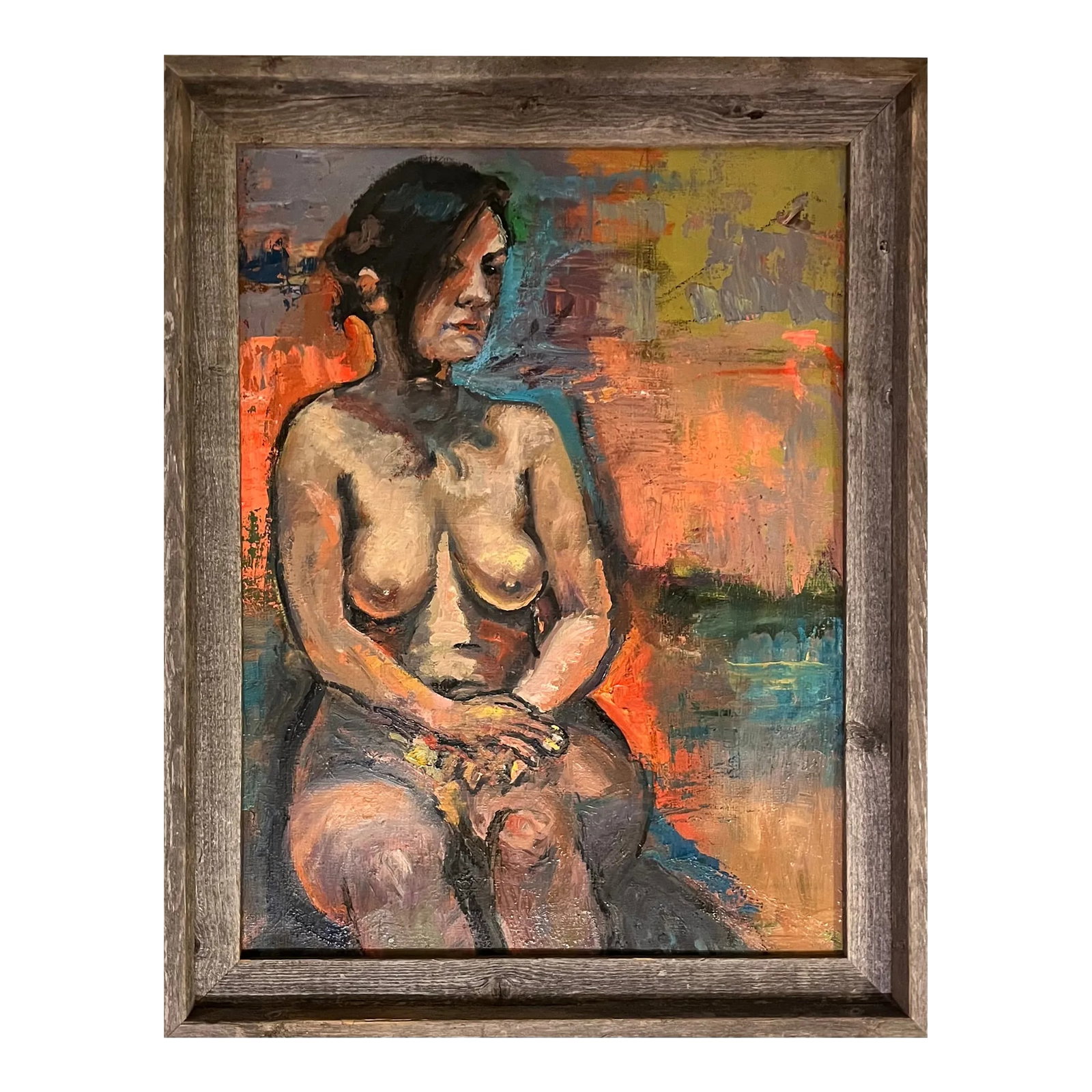"Sitting Pretty", 22"x28", Original Oil Painting, by Van Ness: Sitting Pretty, 22"x28", Original Oil Painting, Framed, Portrait of a Woman Great gift idea. Framed, ready to hang. Barn wood Frame A nude woman sits for her portrait painting. As seen in galleries