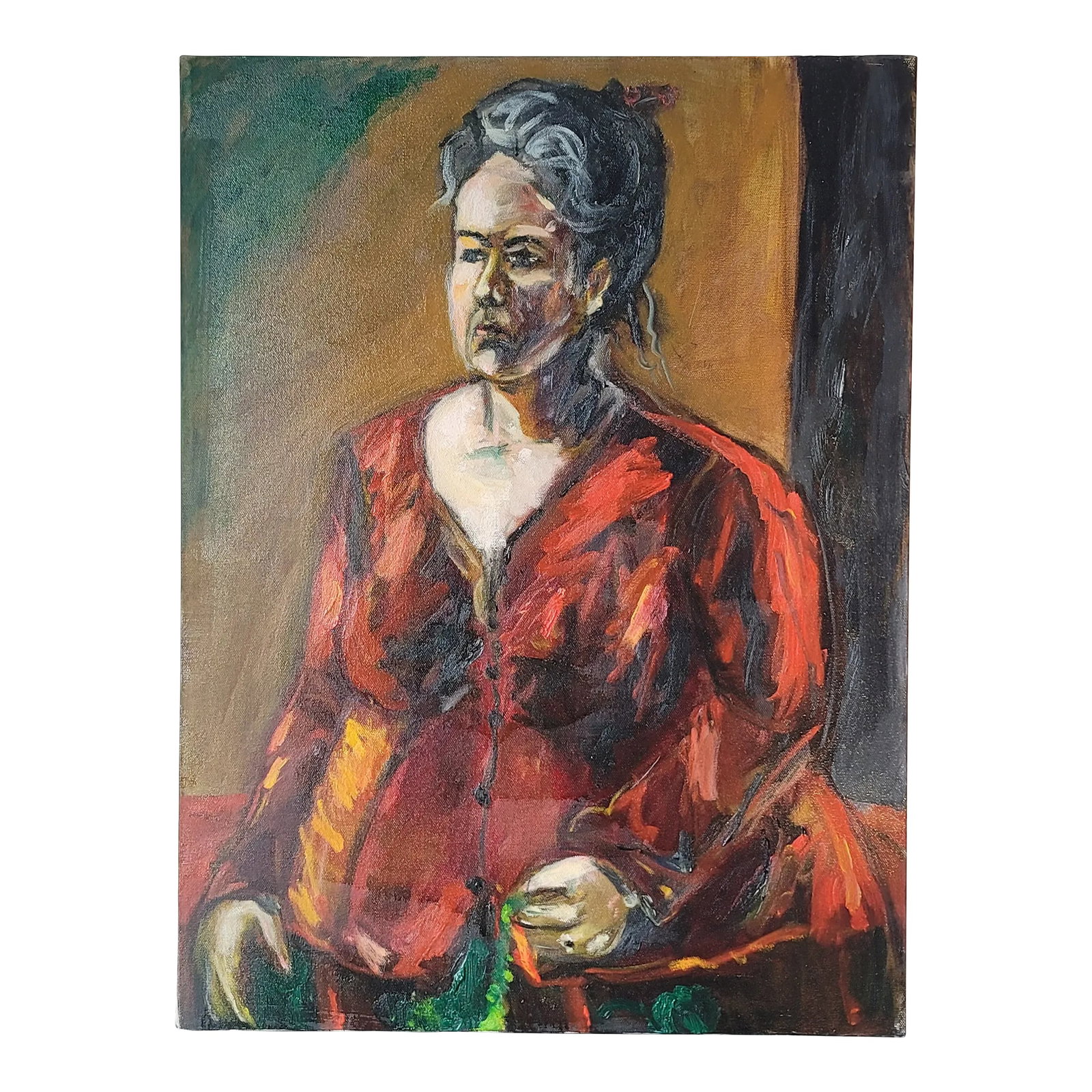 Vintage Portrait "Woman in Red Dress" Expressionist Oil Painting by Rosemary Rabut Signed 18x24 (1 of 5)