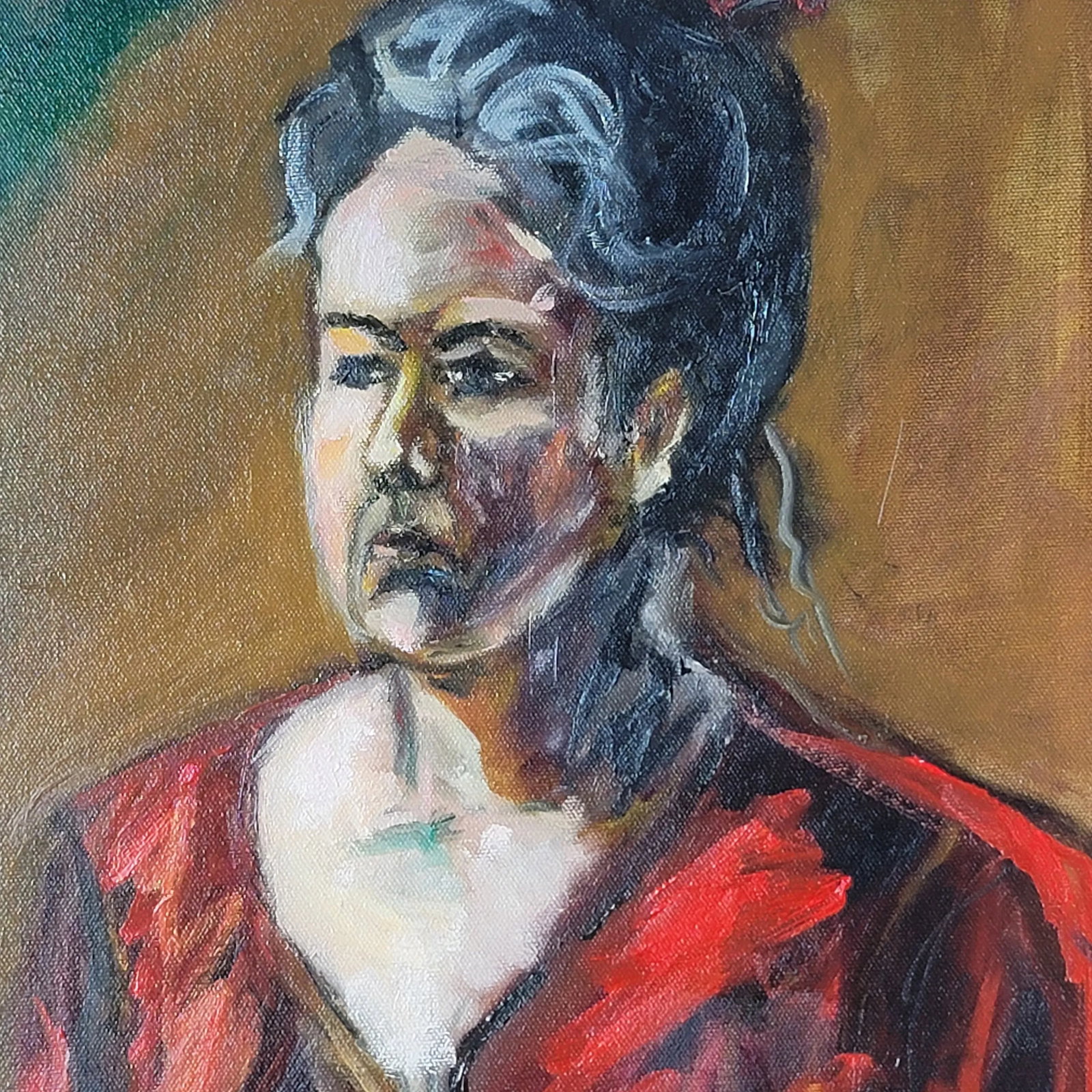 Vintage Portrait "Woman in Red Dress" Expressionist Oil Painting by Rosemary Rabut Signed 18x24 - 2