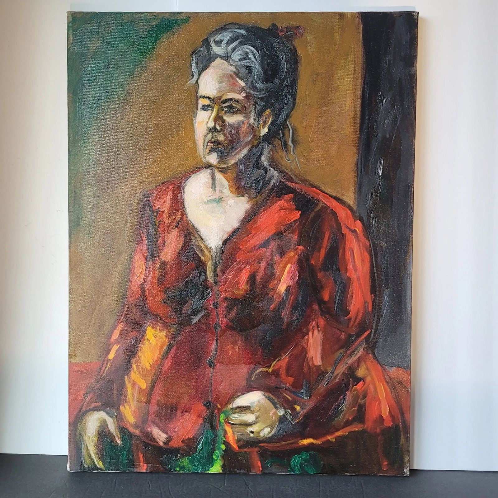 Vintage Portrait "Woman in Red Dress" Expressionist Oil Painting by Rosemary Rabut Signed 18x24 - 3