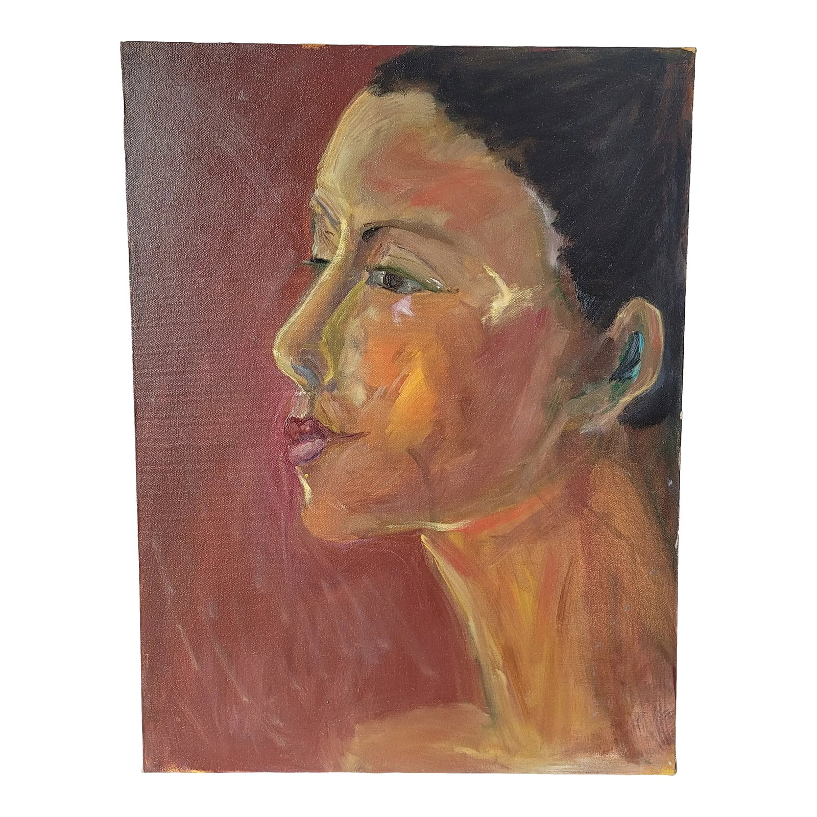 Vintage Portrait of "Woman Side View" Oil on Canvas by Rosemary Rabut Signed 18x24: Vintage Portrait of "Woman Side View" Oil on Canvas by Rosemary Rabut Signed 18x24 Red Brown Pink Philadelphia Artist 18x24" portrait Oil on stretched canvas Signed on back Artist: Rosemary Rabut