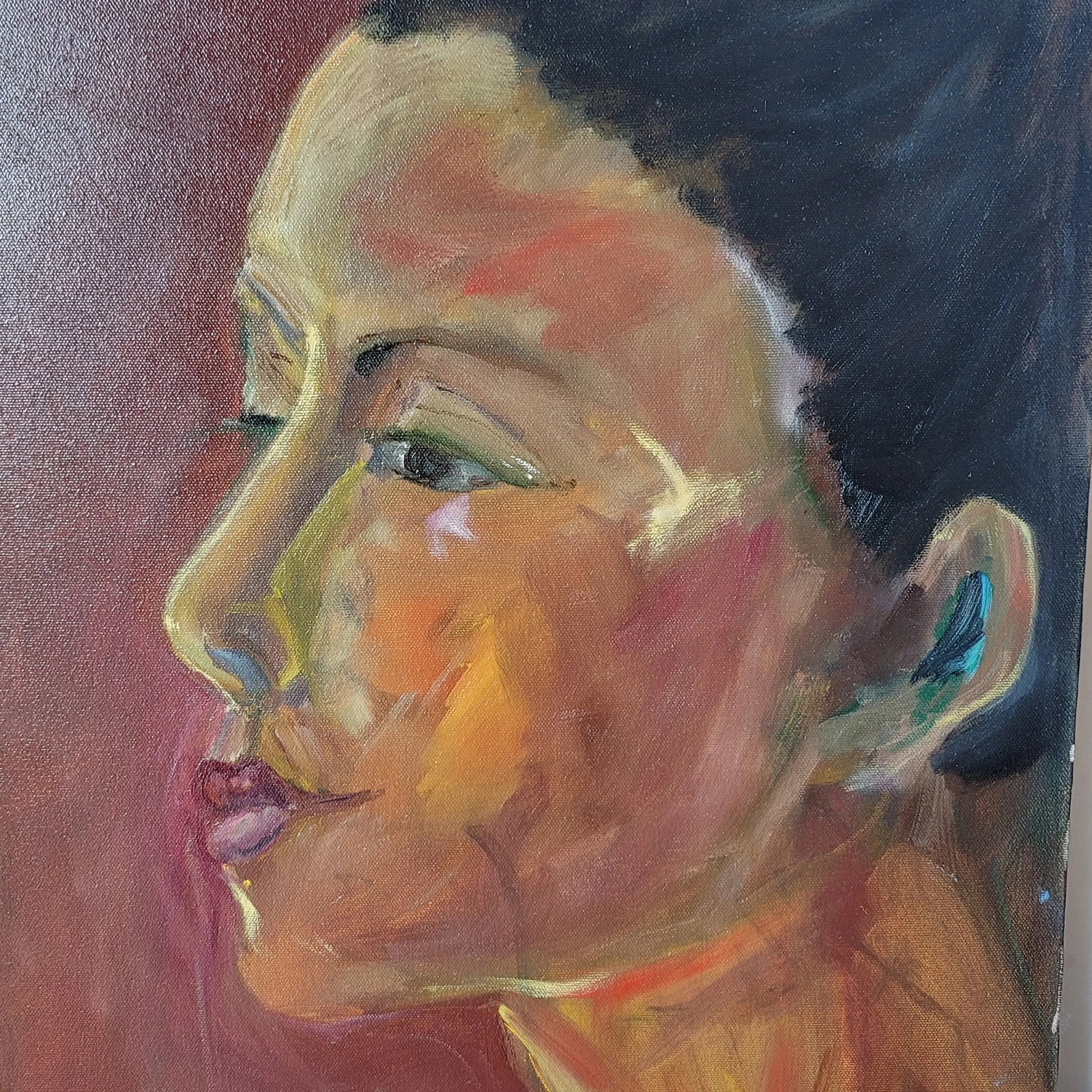 Vintage Portrait of "Woman Side View" Oil on Canvas by Rosemary Rabut Signed 18x24 - 2
