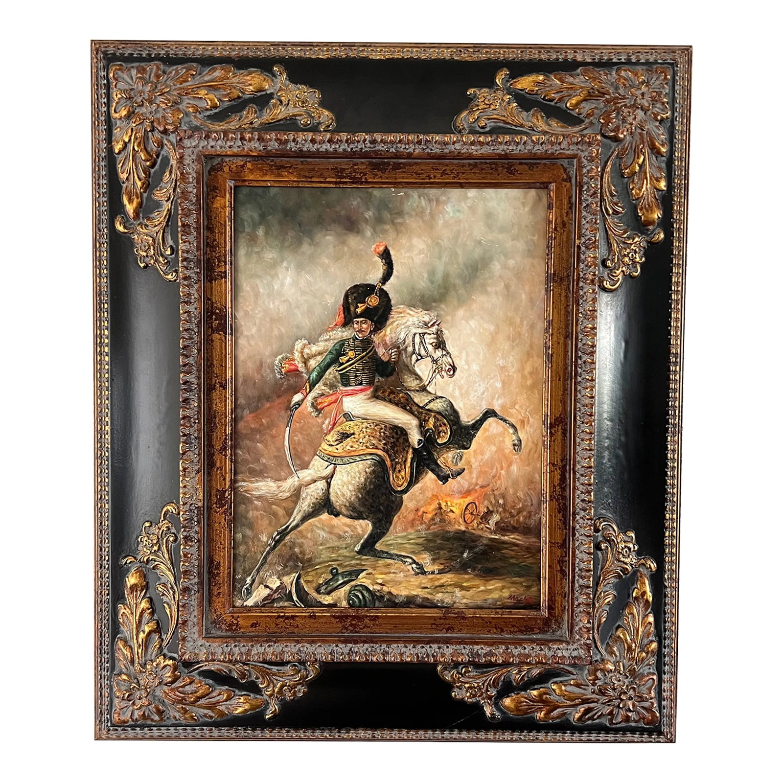 Vintage Framed Signed Portraiture Painting Napoleon on Marengo in the Russian Campaign: Vintage oil on board, signed and ornately framed painting of Napoleon in the midst of his unsuccessful Russian campaign. Note the fur bicorn hat and cape, Napoleon's expression of defeat and the