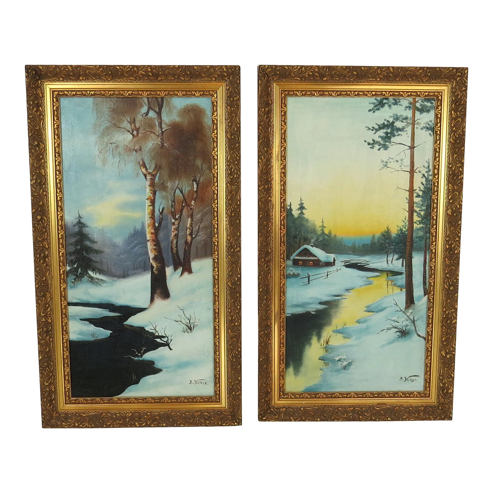 Vintage 1930s Oil on Canvas Landscape Winter Scene by B Kulesz - Set of 2: Antique oil on canvas landscape winter scenes by Lithuanian artist B Kulesz. Romantic snow scene of creek snaking through tree lines with small remote cozy cabin. Mounted in ornate gilt frames. Handwr