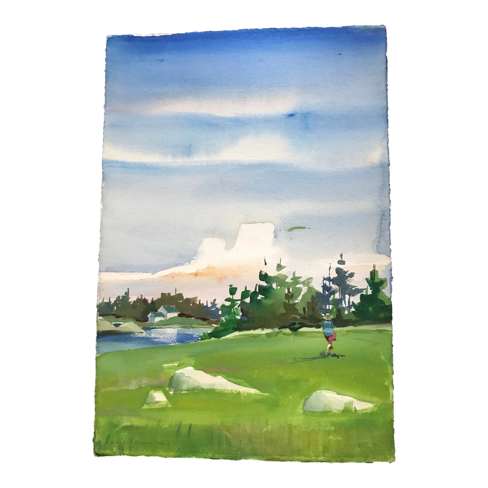 Taking a Walk on the Island Original Watercolor: This bright, original, signed David Beynon Pena watercolor was painted on location on Leadbetter Island, opposite Vinalhaven, Maine, in Penobscot Bay. Condition: Alterations: Original Condition