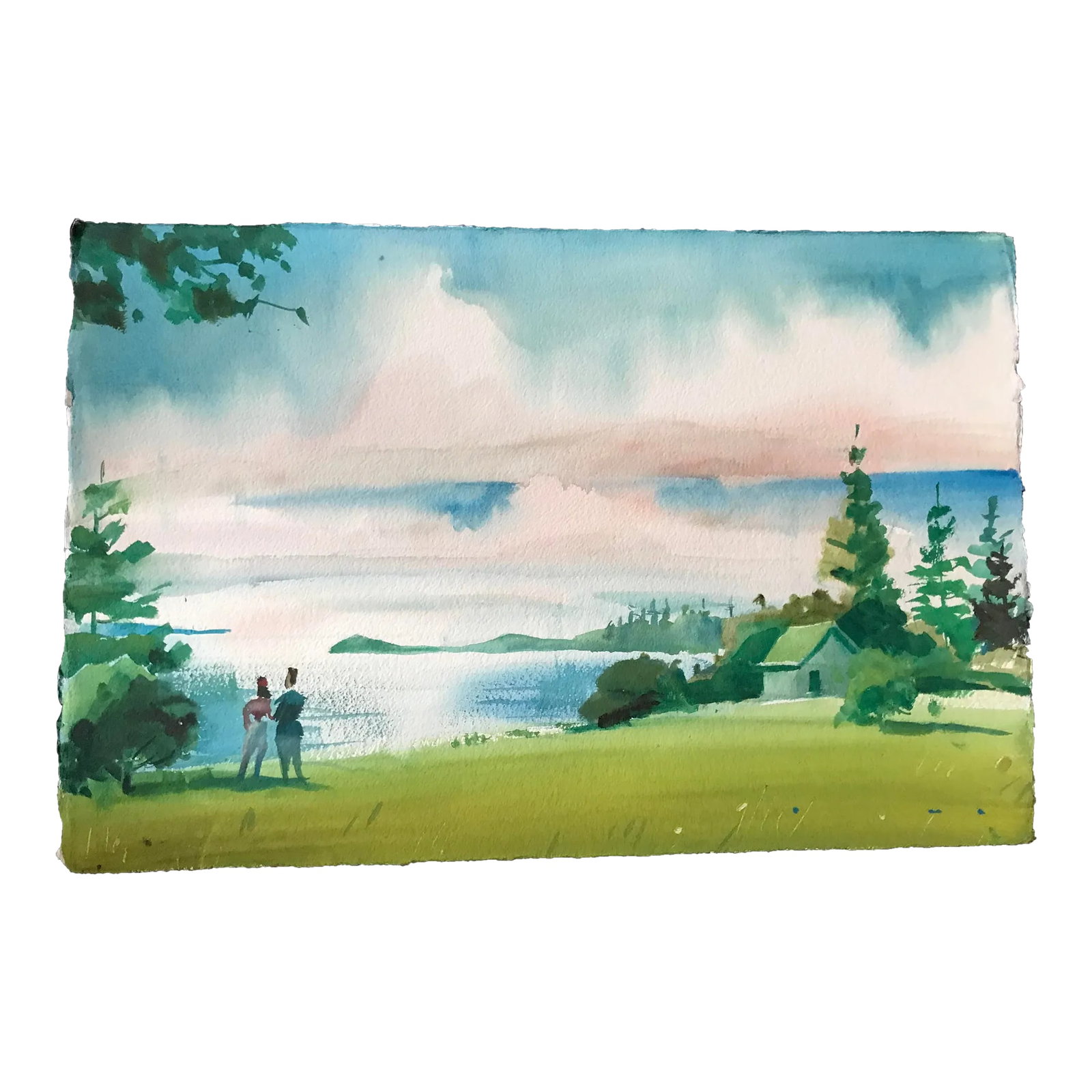 Gazing Toward the Mainland Across Penobscot Bay Original Watercolor Painting: This original watercolor by David Beynon Pena of a couple looking across Penobscot Bay towards the mainland. Condition: Alterations: Original Condition Unaltered Imperfections: Some Imperfections