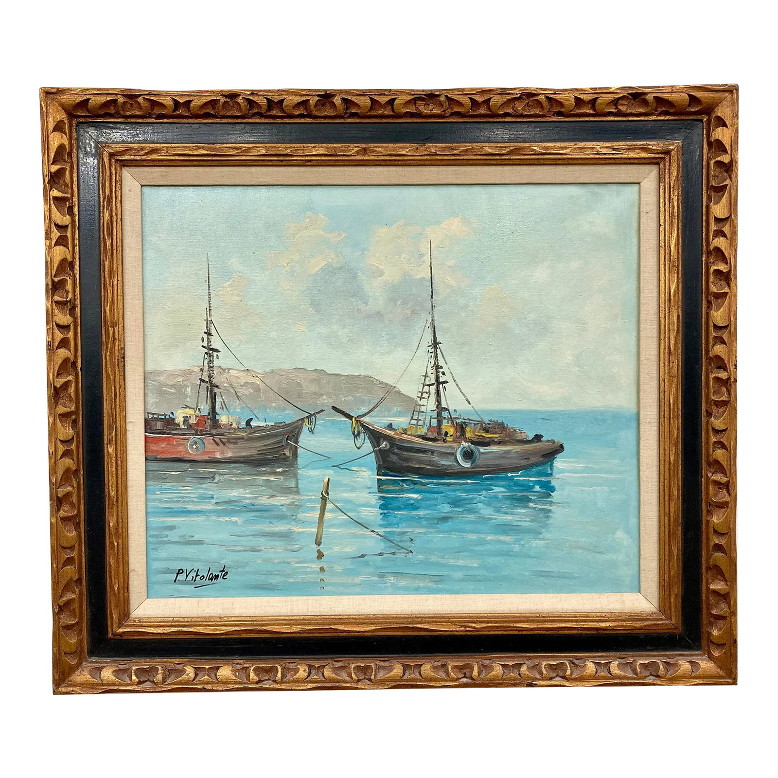 P. Vitolante, Seascape Oil Painting, Framed: Mid-century French award-winning artist P. Vitolante, born 1928, exhibited in Italy and France, and is well known for his seascapes. This lovely original maritime scene depicts two moored fishing vess