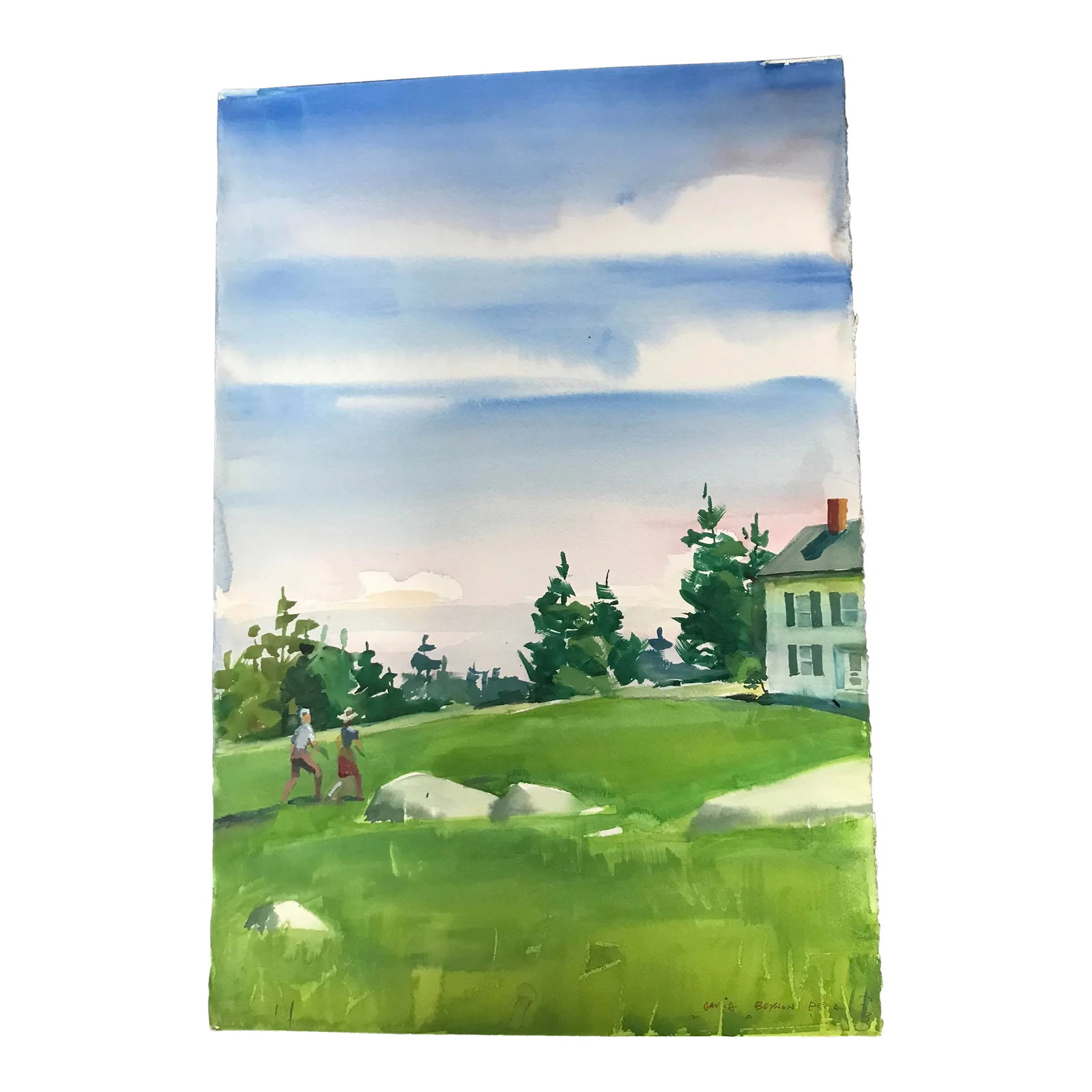 Heading Up to the House Under Blue Skies Original Watercolor Painting: This refreshing, bright, original, signed watercolor by David Beynon Pena shows two cousins walking up to the house for lunch on a gorgeous, sunny day. Condition: Alterations: Original Condition
