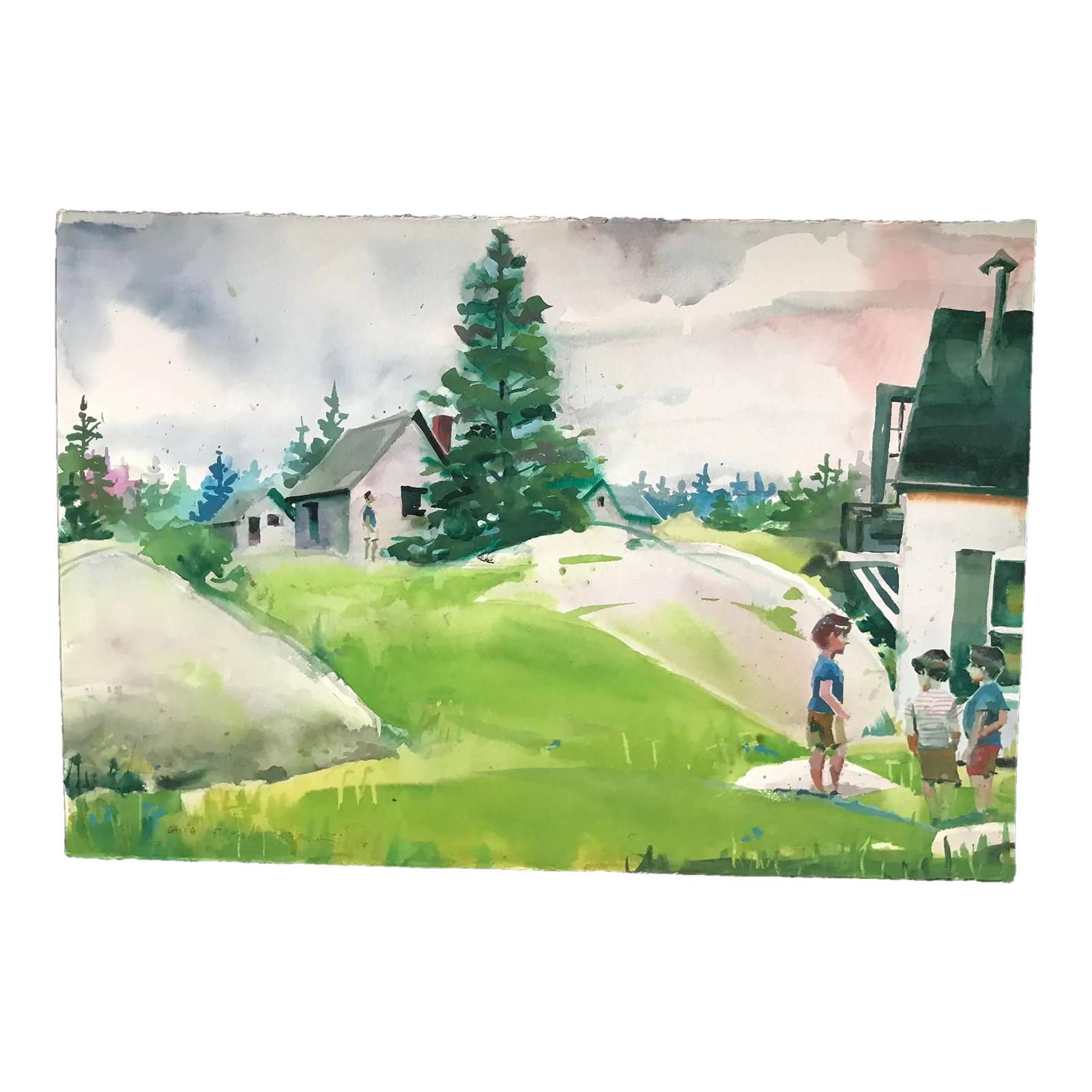 Three Children Making Plans on Summer Vacation Original Watercolor: This brilliant original signed watercolor by David Beynon Pena shows three children planning an adventure on an island. Condition: Alterations: Original Condition Unaltered Imperfections: Some