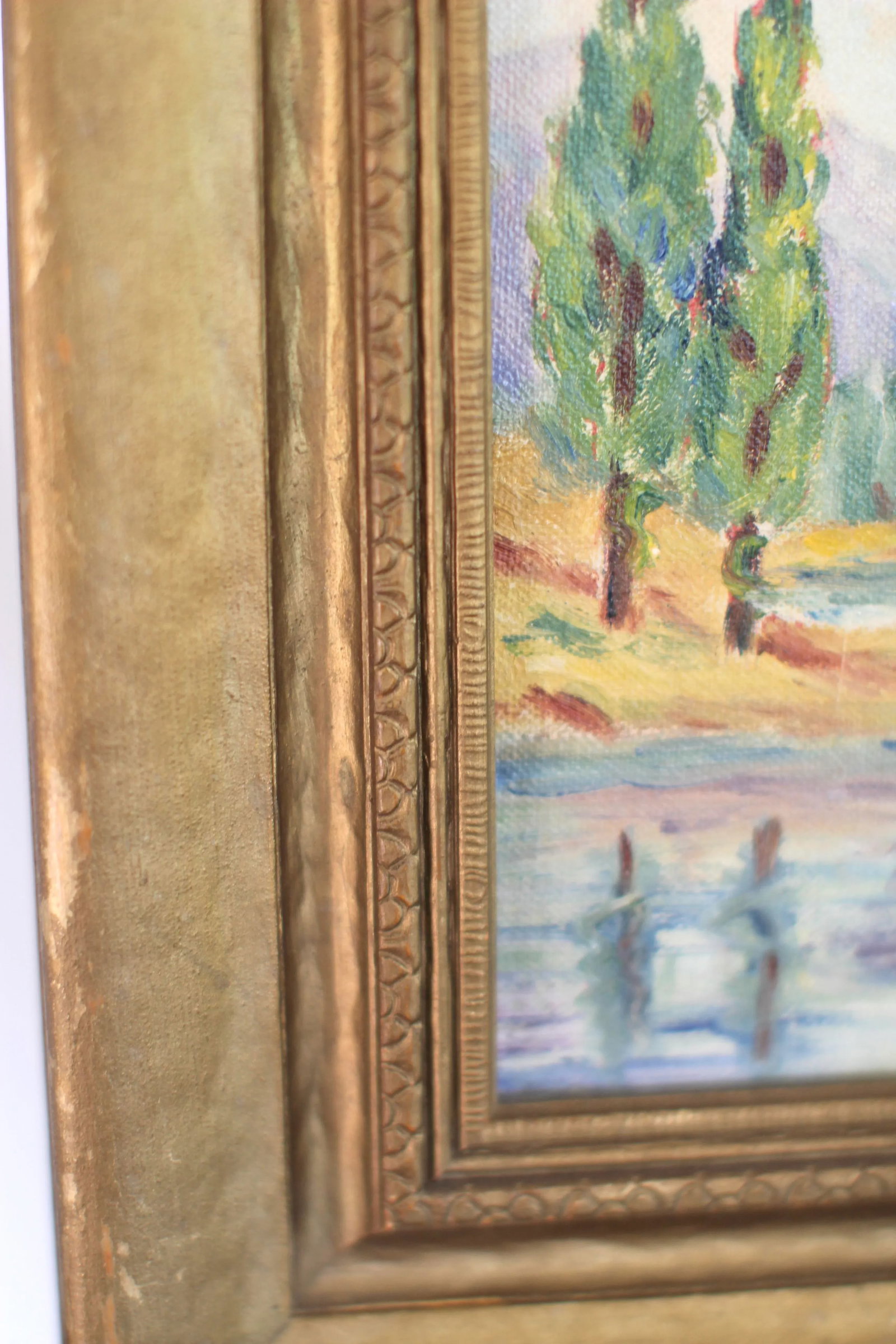 Late 19th Century Impressionist Antique Painting of Cypress Trees in a Gold Frame by Barrickman - 5