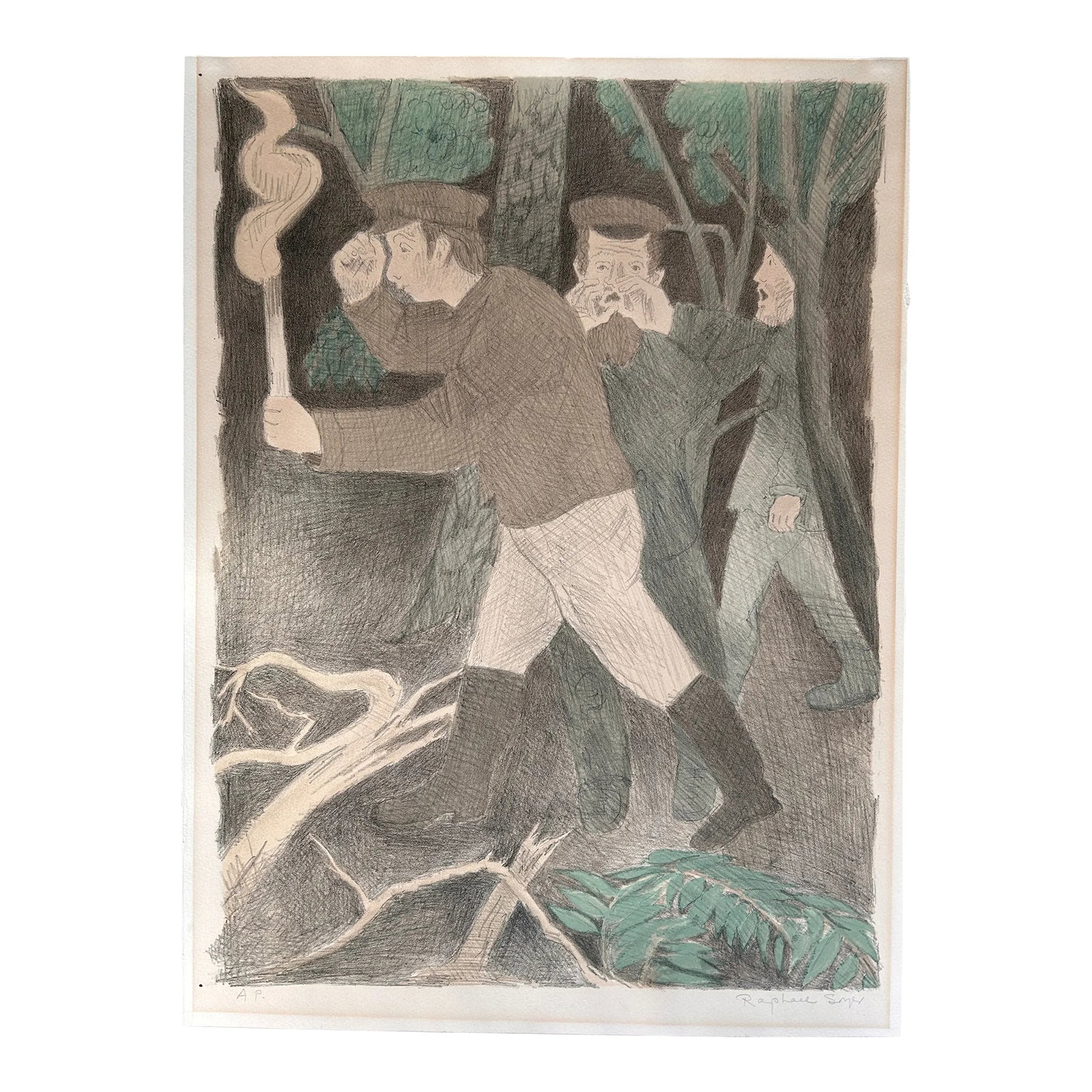 Raphael Soyer Signed Original Lithograph Men in Woods: This is a very nice Pencil Signed Artist's Proof Original Lithograph by celebrated artist Raphael Soyer (1899-1987). Soyer was a social realist. Artists he admired, such as Rembrandt, Degas, and
