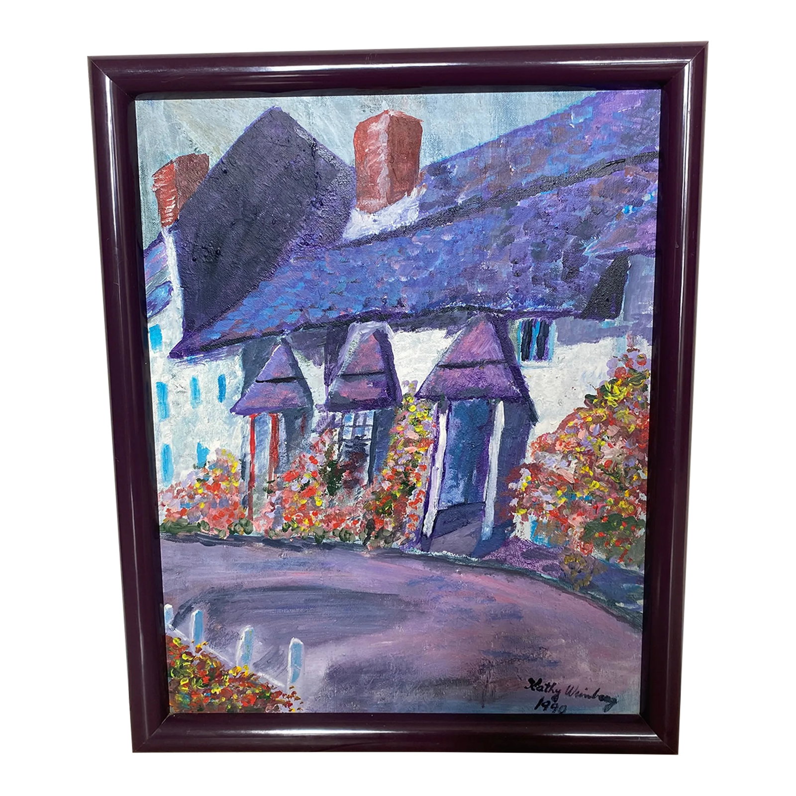 Boho Purple Cottage Landscape Oil Painting by Kathy Weinberg Signed 1990: Beautiful purple accented cottage oil painting by Kathy Weinberg. This picture has the original purple acrylic frame. Condition: Alterations: Original Condition Unaltered Imperfections: Some