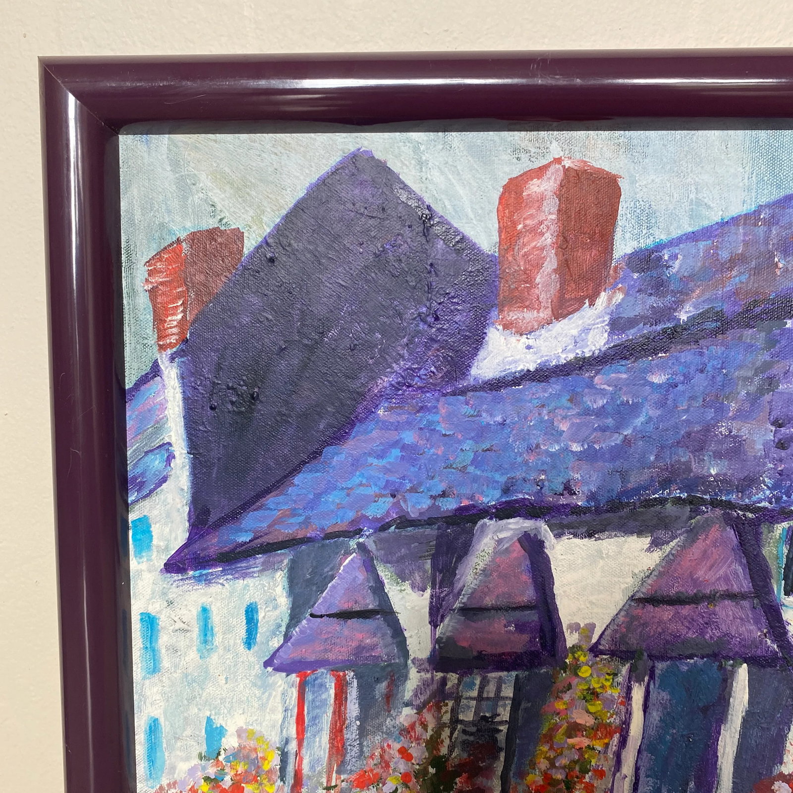 Boho Purple Cottage Landscape Oil Painting by Kathy Weinberg Signed 1990 - 2