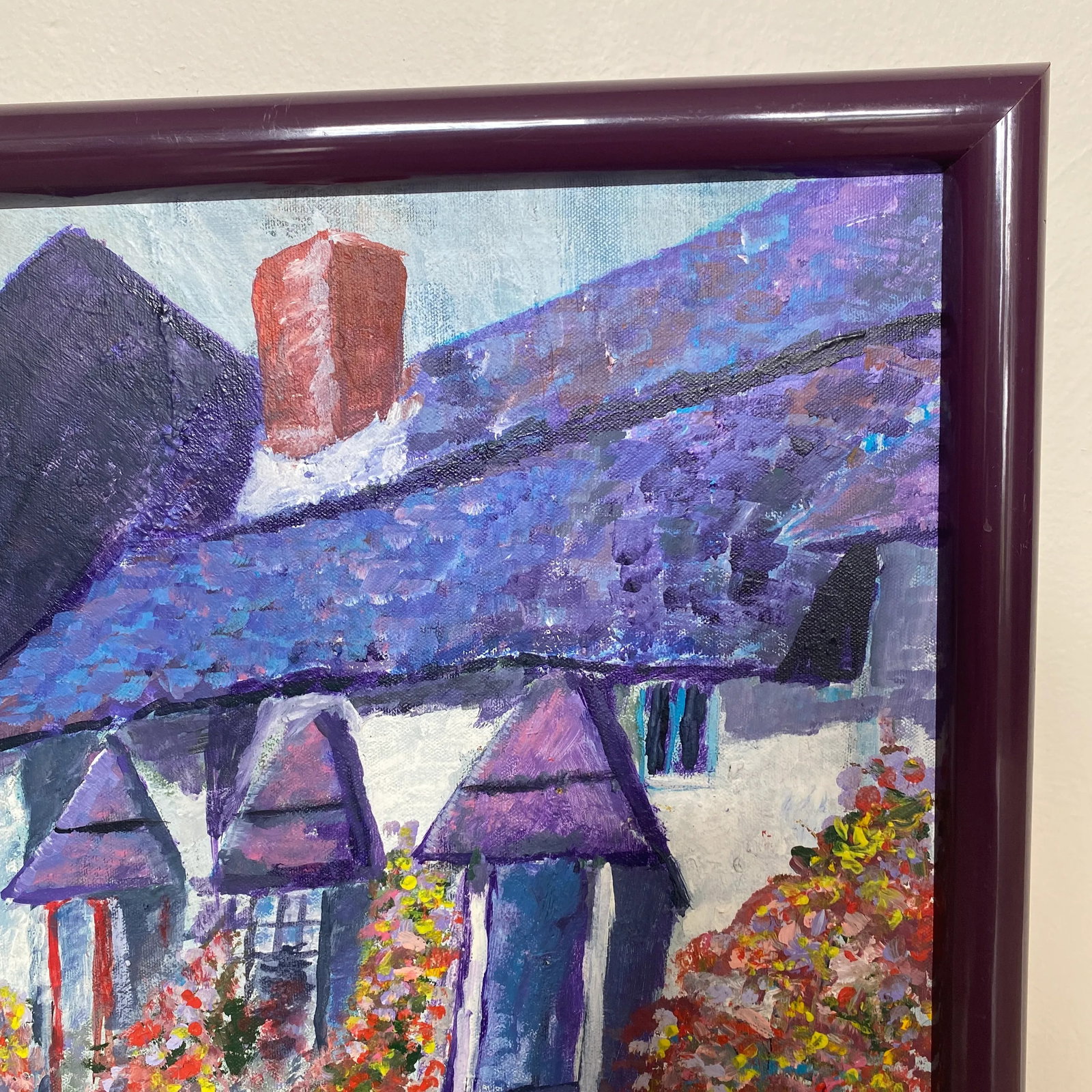 Boho Purple Cottage Landscape Oil Painting by Kathy Weinberg Signed 1990 - 3