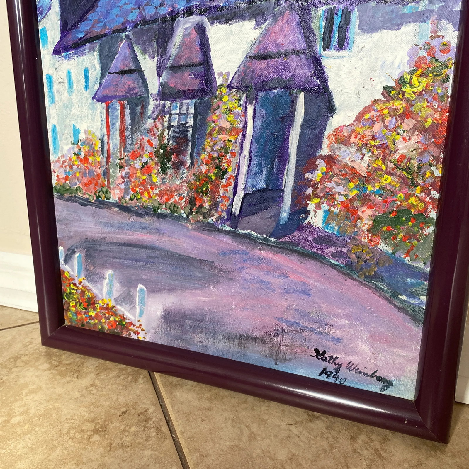 Boho Purple Cottage Landscape Oil Painting by Kathy Weinberg Signed 1990 - 4