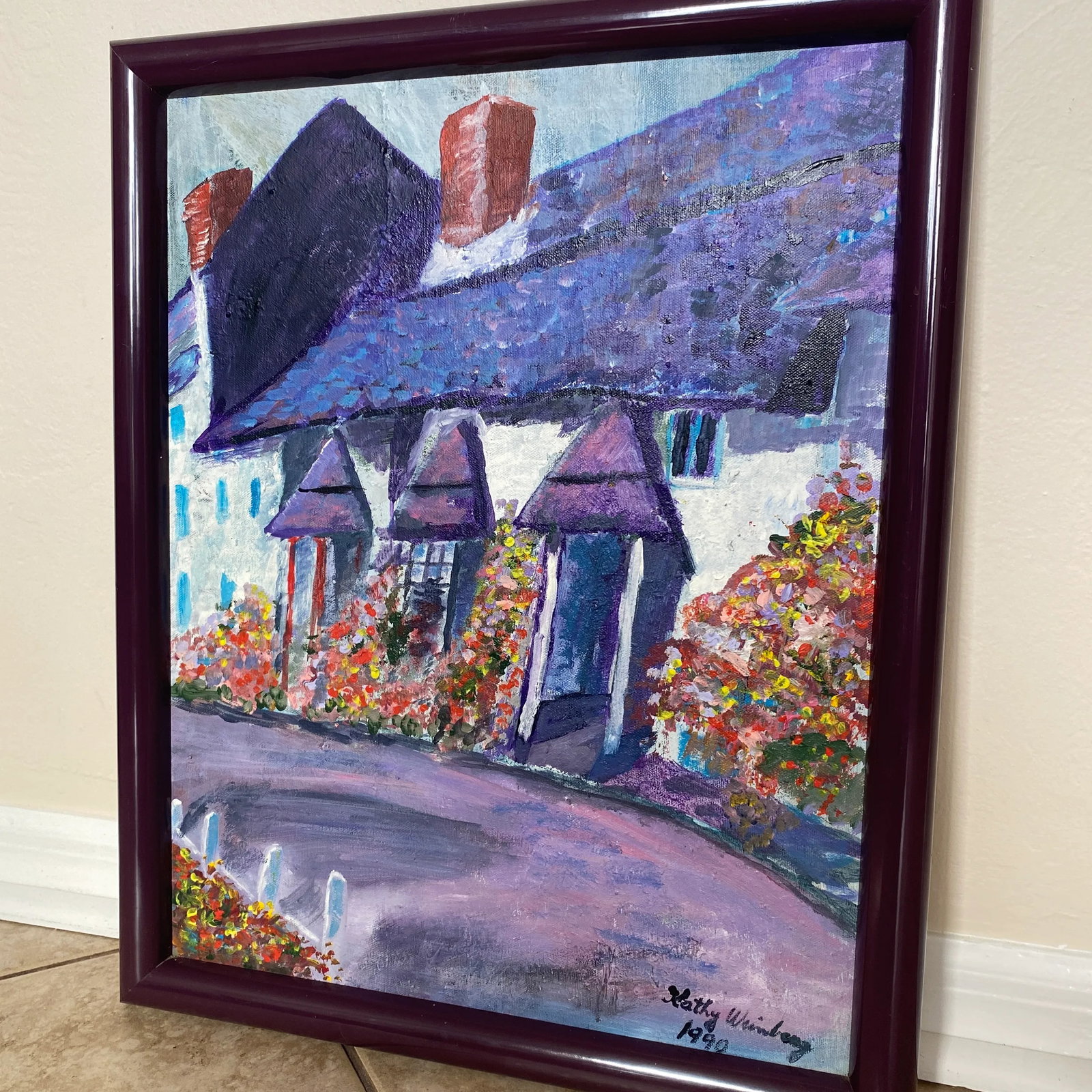 Boho Purple Cottage Landscape Oil Painting by Kathy Weinberg Signed 1990 - 5