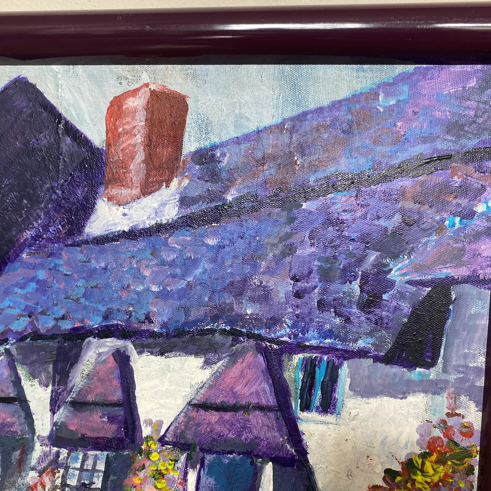 Boho Purple Cottage Landscape Oil Painting by Kathy Weinberg Signed 1990 - 6