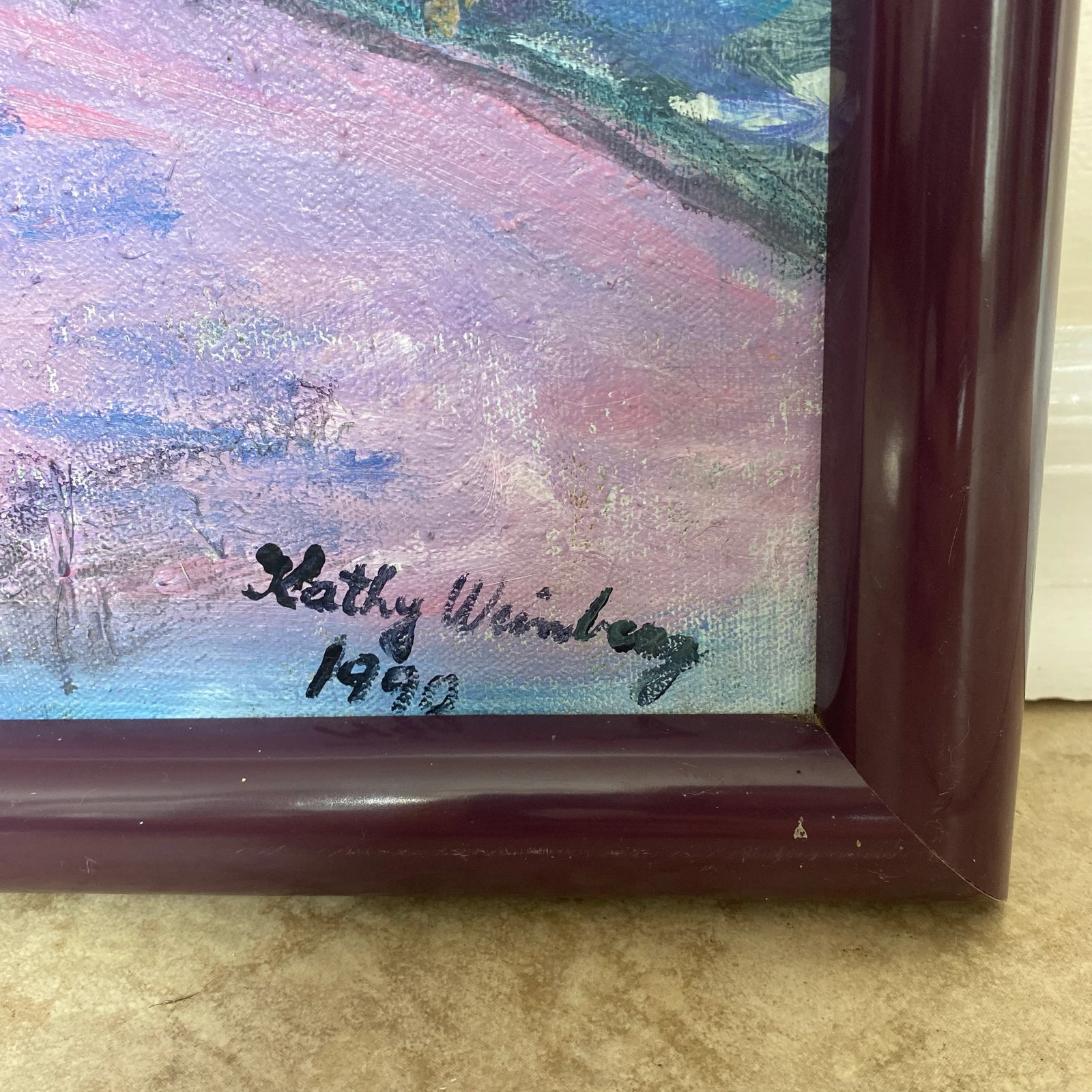 Boho Purple Cottage Landscape Oil Painting by Kathy Weinberg Signed 1990 - 7