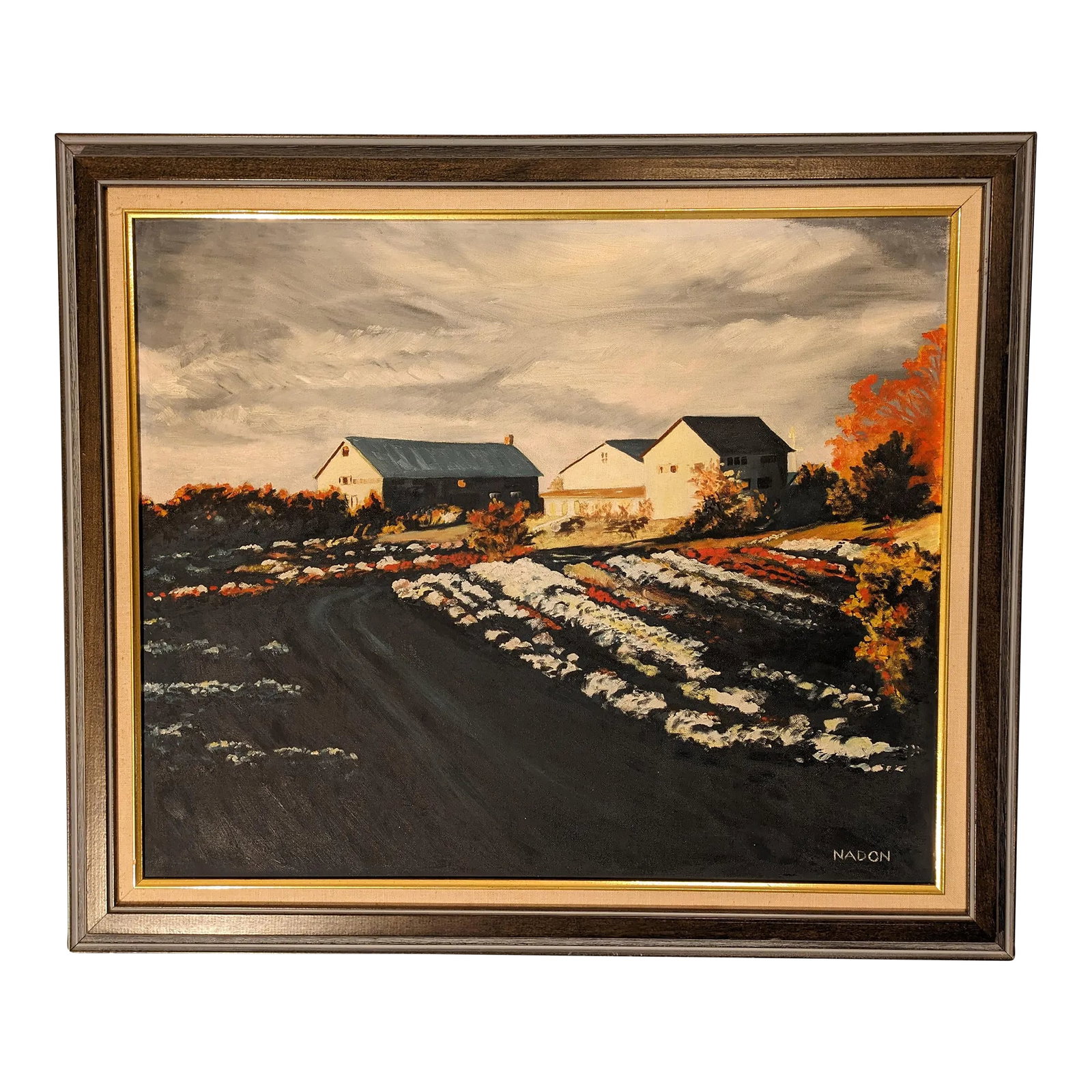 Vintage Original Farm Barn Landscape Painting, Signed Nadon: This very dramatic farm scene features grey tones and bright vibrant yellows, oranges, and reds. The barns are positioned in the background but are the focal point and feature a great composition of