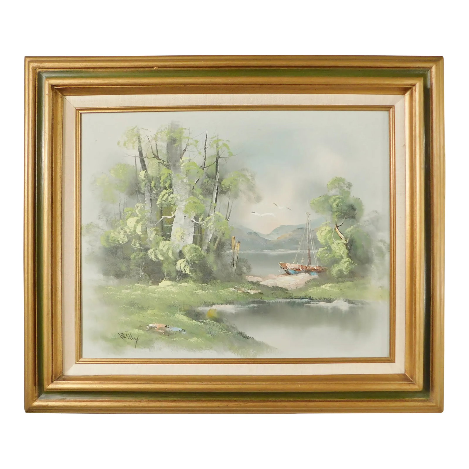Vintage Mid Century Signed "Billy" Oil on Canvas Seascape Painting Green & Gold Wood Frame: Wonderful vintage mid century oil on canvas seascape painting. Sign "Billy" in lower left corner as shown. Framed and matted in a gold and green wood frame. Circa 1970s/1980s. Made in the USA.