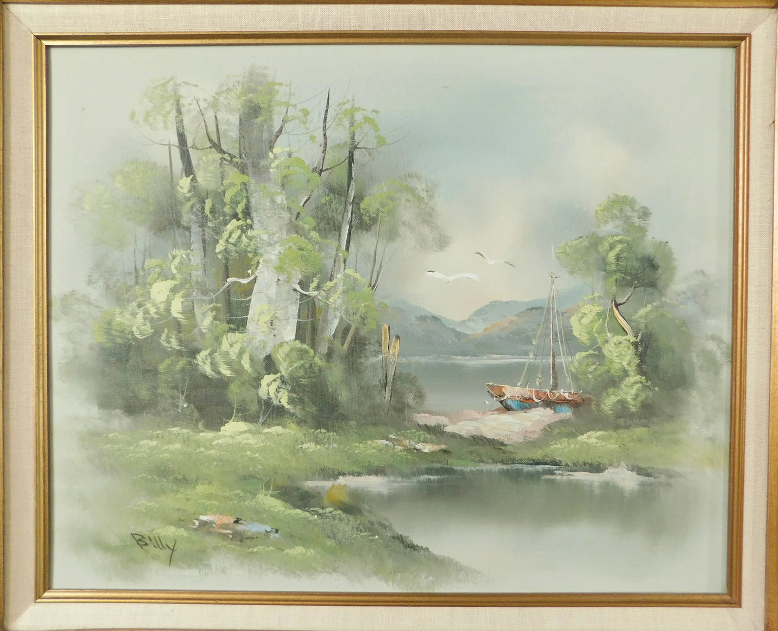 Vintage Mid Century Signed "Billy" Oil on Canvas Seascape Painting Green & Gold Wood Frame - 2