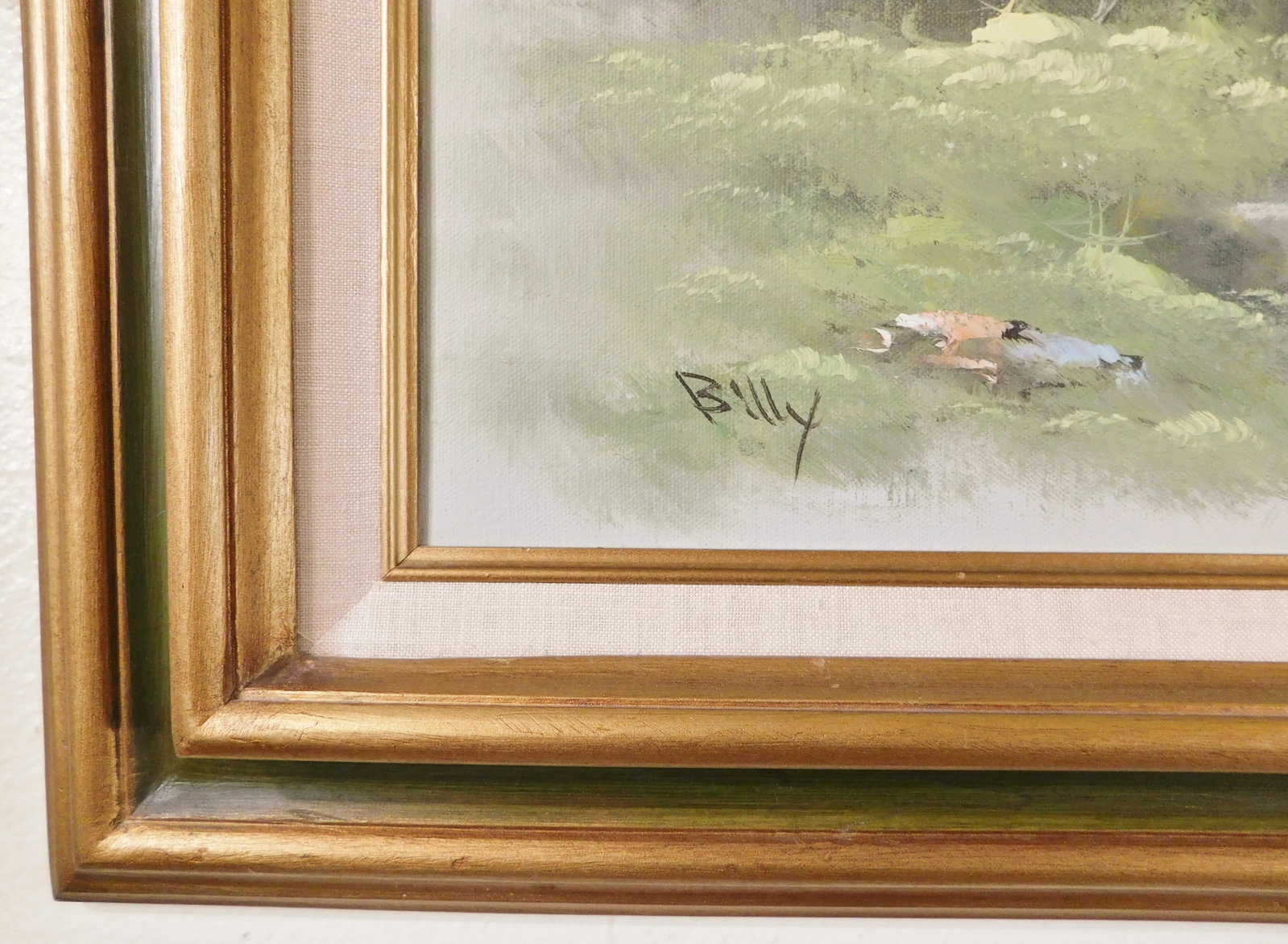 Vintage Mid Century Signed "Billy" Oil on Canvas Seascape Painting Green & Gold Wood Frame - 5
