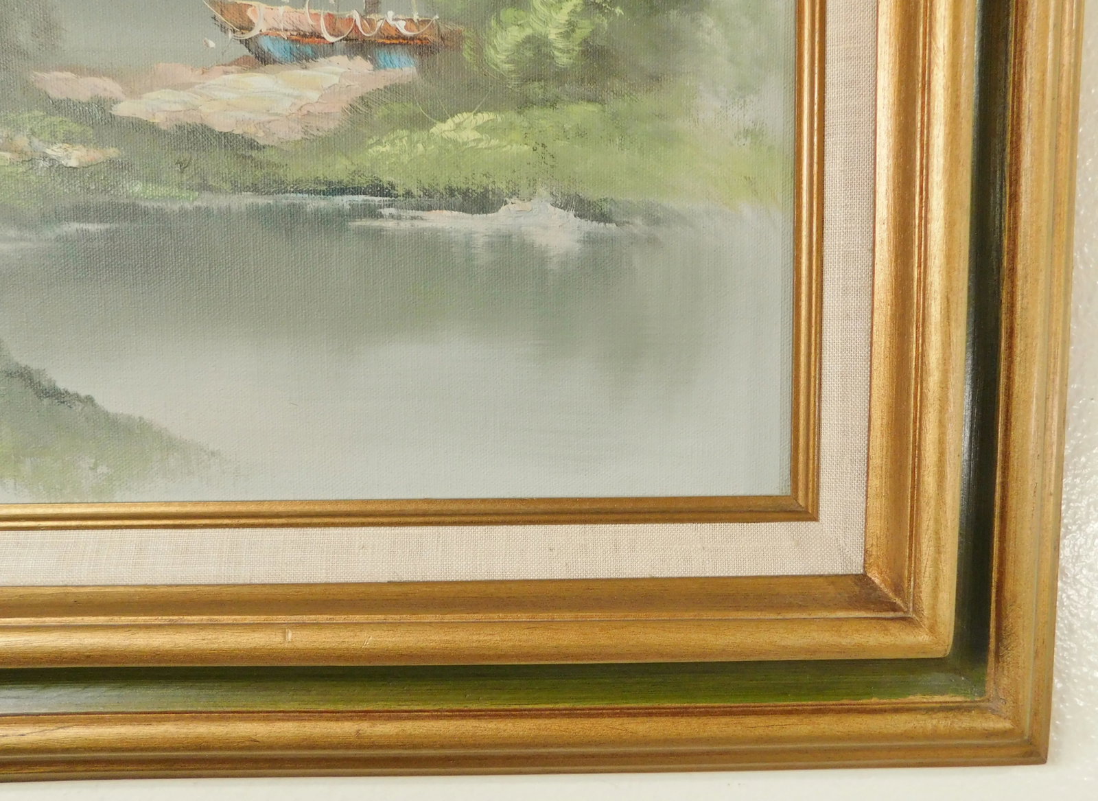 Vintage Mid Century Signed "Billy" Oil on Canvas Seascape Painting Green & Gold Wood Frame - 6