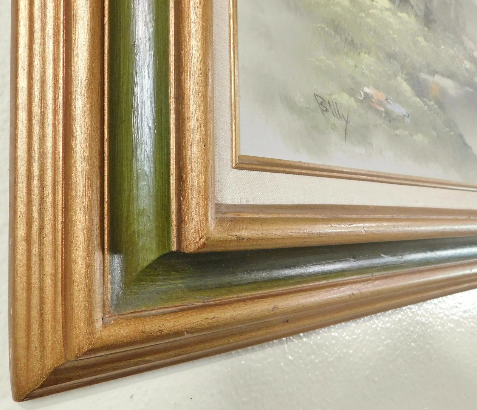 Vintage Mid Century Signed "Billy" Oil on Canvas Seascape Painting Green & Gold Wood Frame - 7