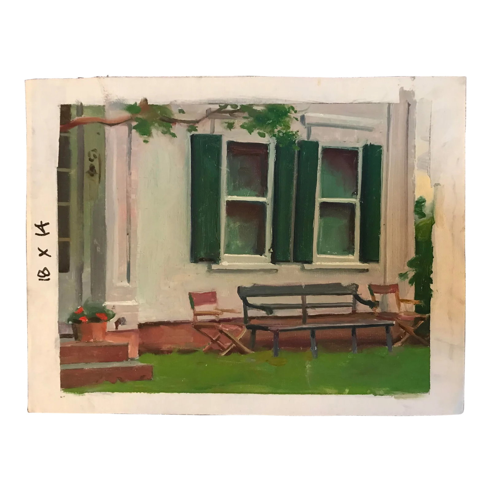 Watching From the Bench Original Oil Painting: Original, unstretched oil on canvas painting by David Beynon Pena of this green bench in front of a white house is where my grandmother used to watch her children and grandchildren play on the lawn on