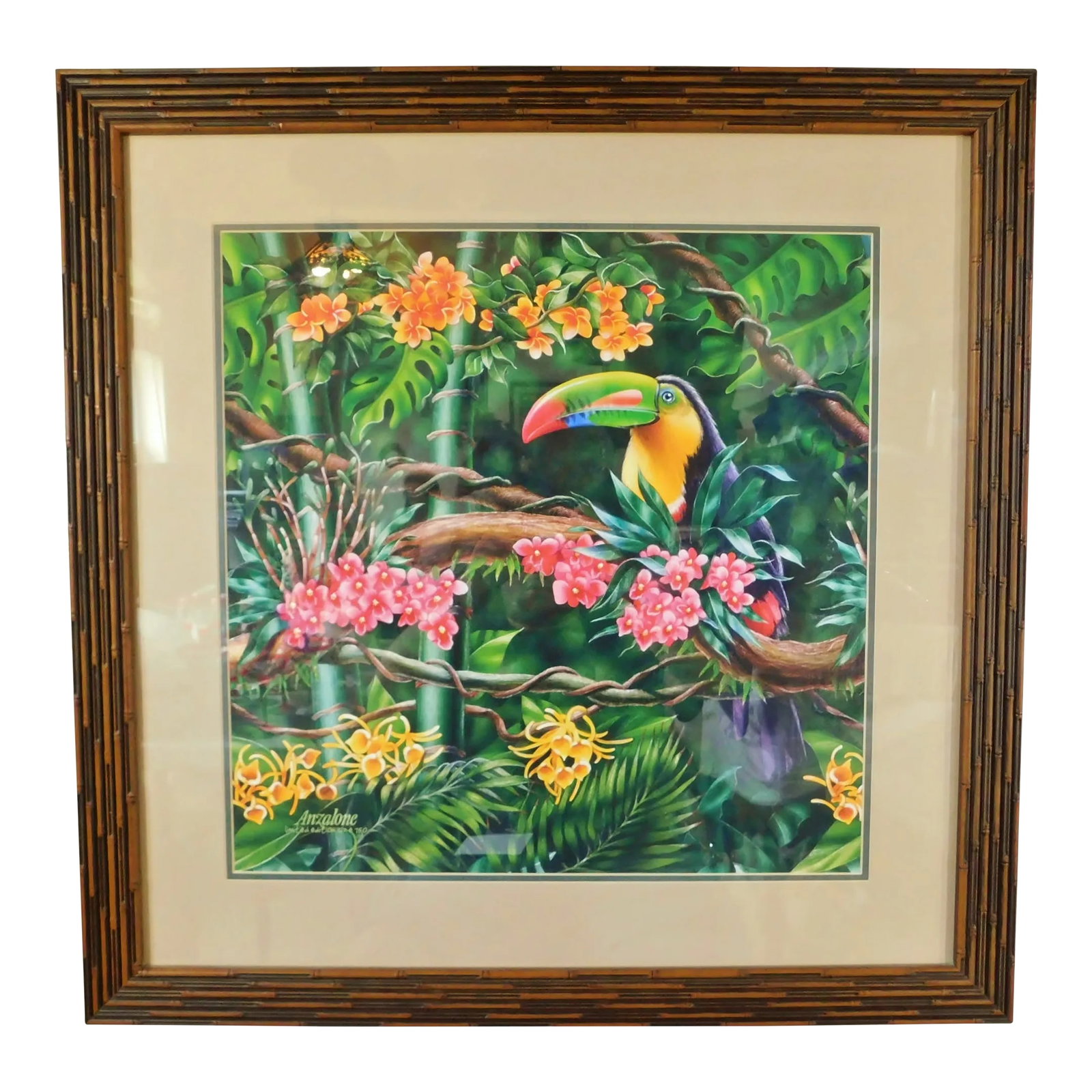 Large Tropical Toucan Bird on Tree Floral Limited Edition Print Bamboo Frame: Beautiful Large Tropical Toucan Bird on Tree Floral Limited Edition Print Bamboo Frame. Title is "Toucan Garden". It is a limited edition print of just 750. The picture is so bright and vibrant. It's