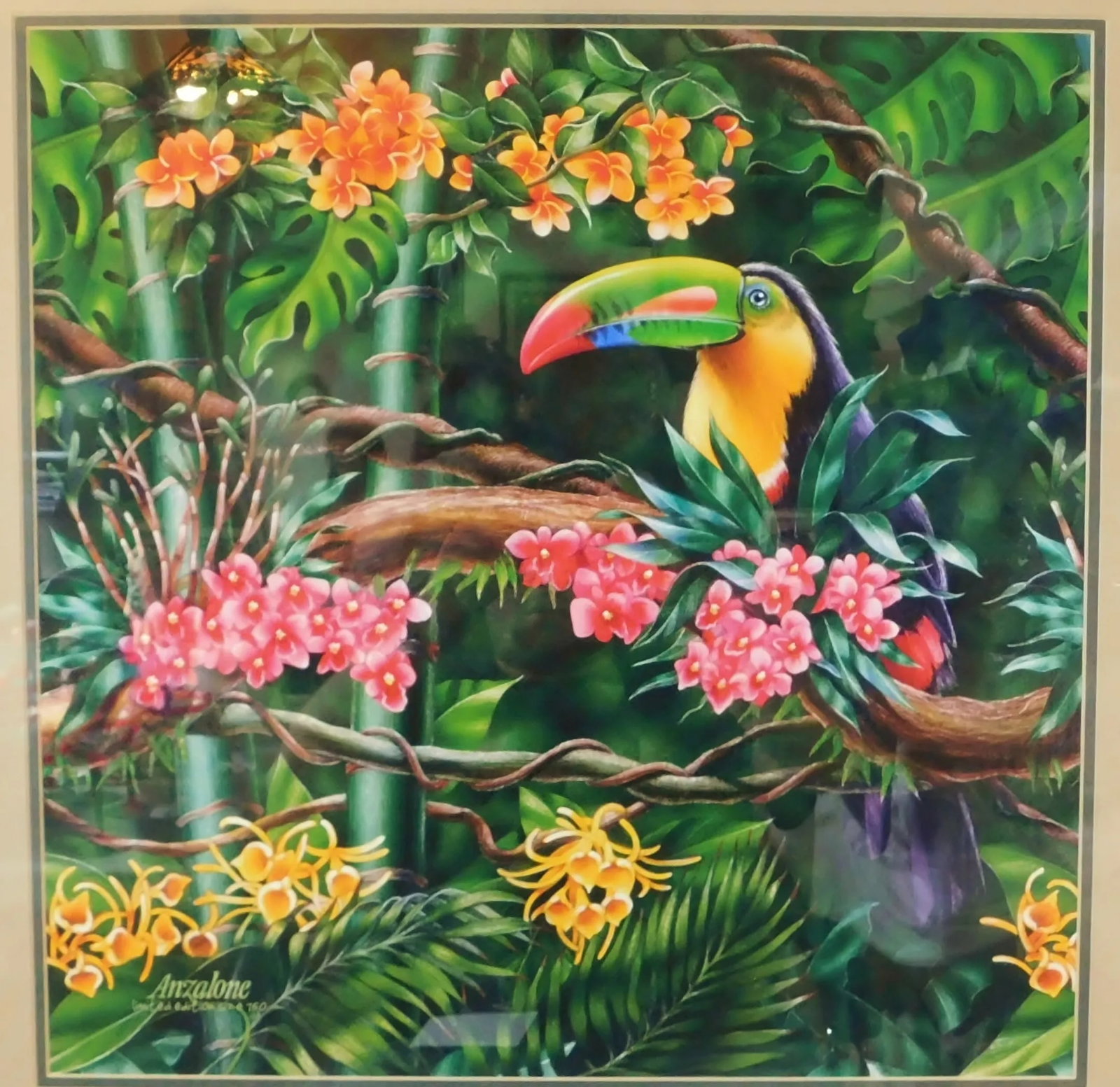 Large Tropical Toucan Bird on Tree Floral Limited Edition Print Bamboo Frame - 2